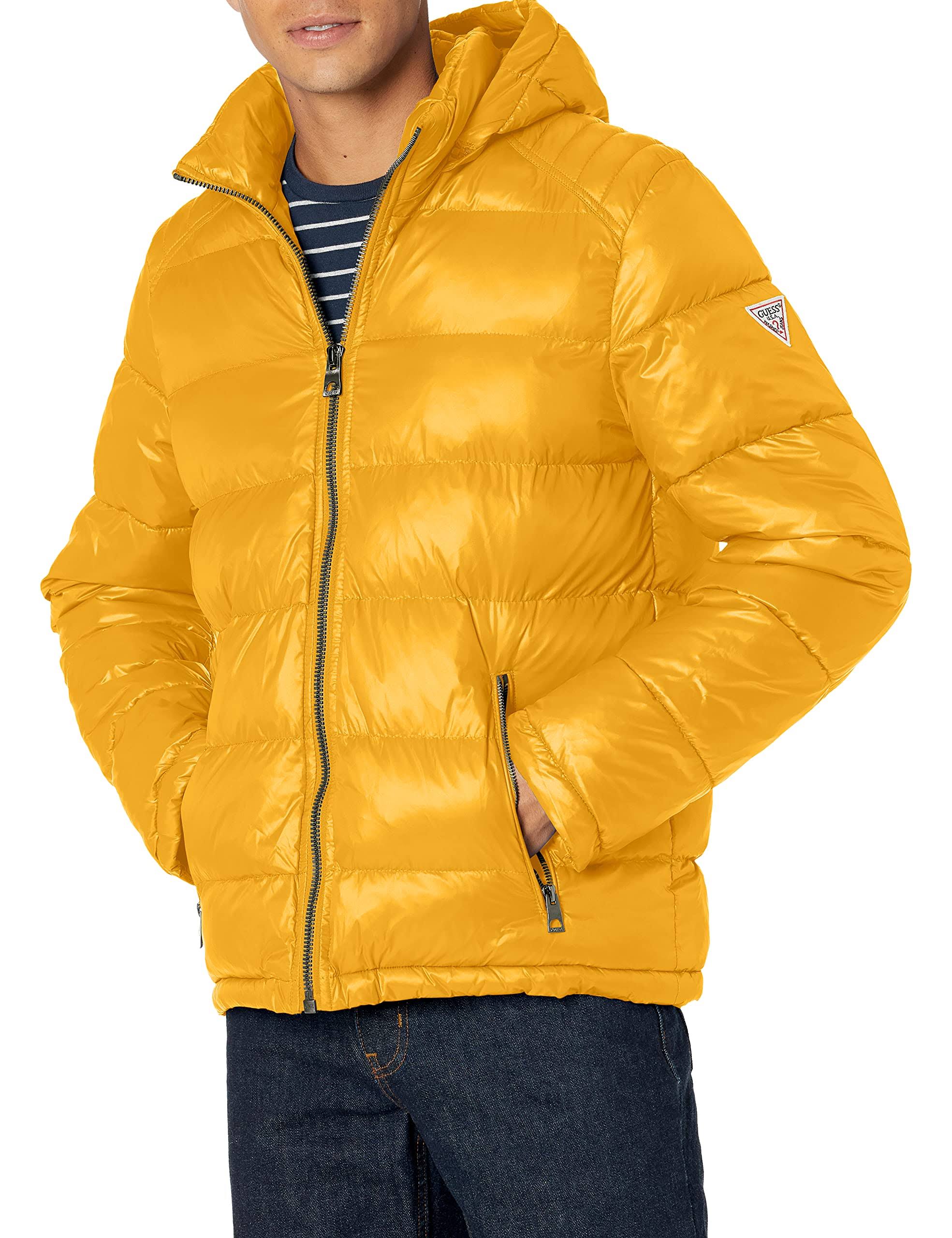 Guess Men&s Hooded Puffer Coat Small Yellow