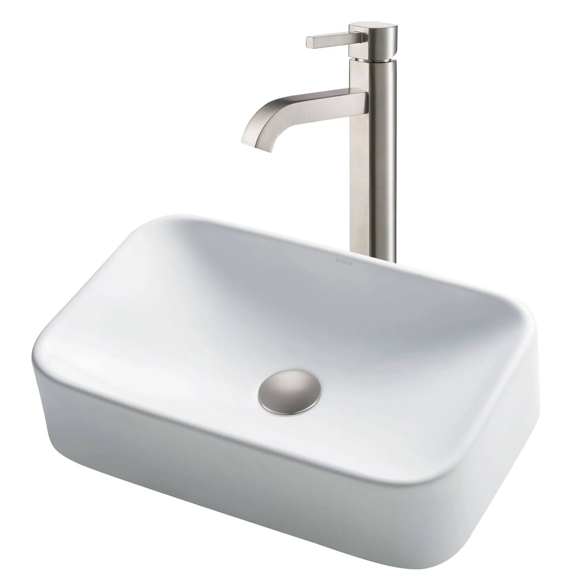 Kraus C-KCV-122-1007SN White Rectangular Ceramic Sink and Ramus Faucet Satin Nickel
