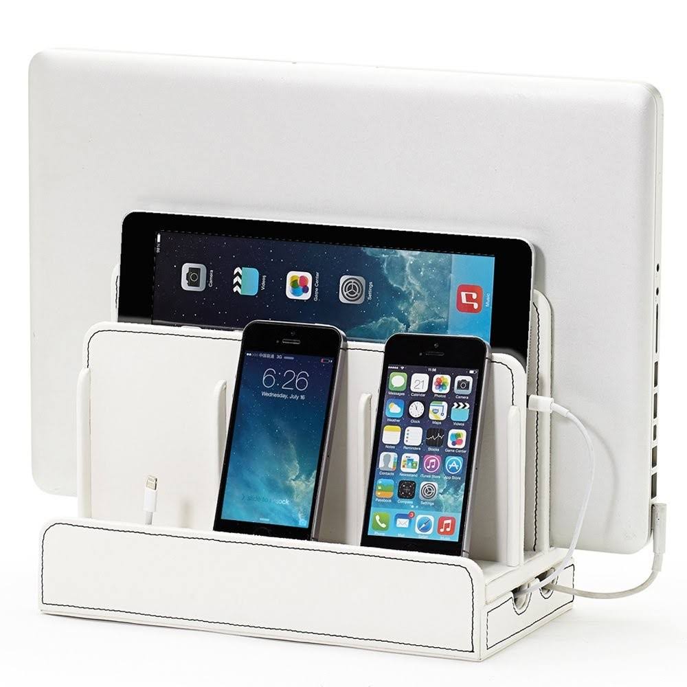 Multi-Device Charging Station and Dock - White Leatherette
