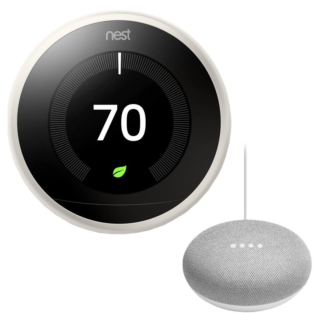 Google Nest T3017US Learning Thermostat 3rd Gen with Google Mini Home Smart Speaker, Chalk