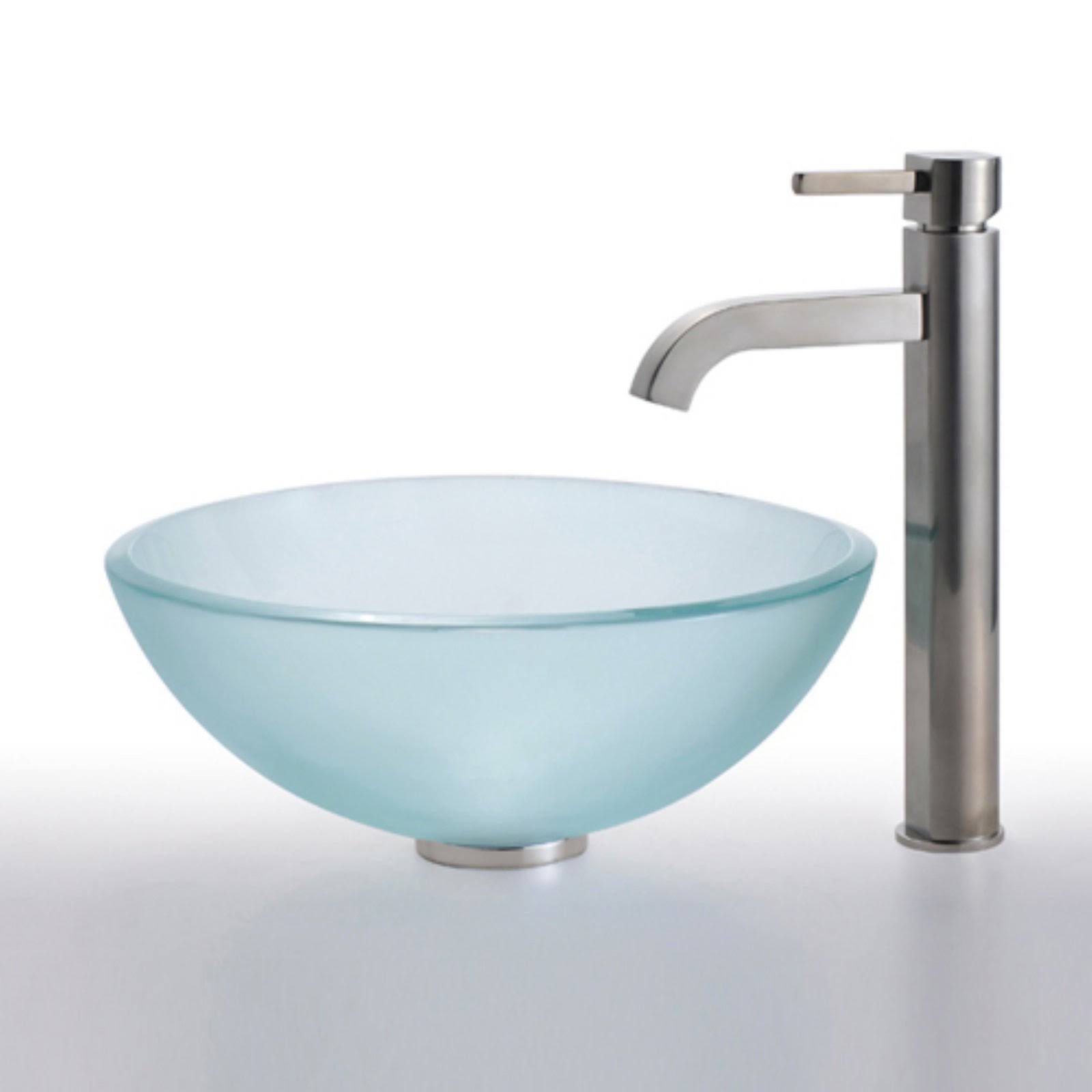 Kraus Frosted 14x22 Glass Vessel Sink and Ramus Faucet - Satin Nickel
