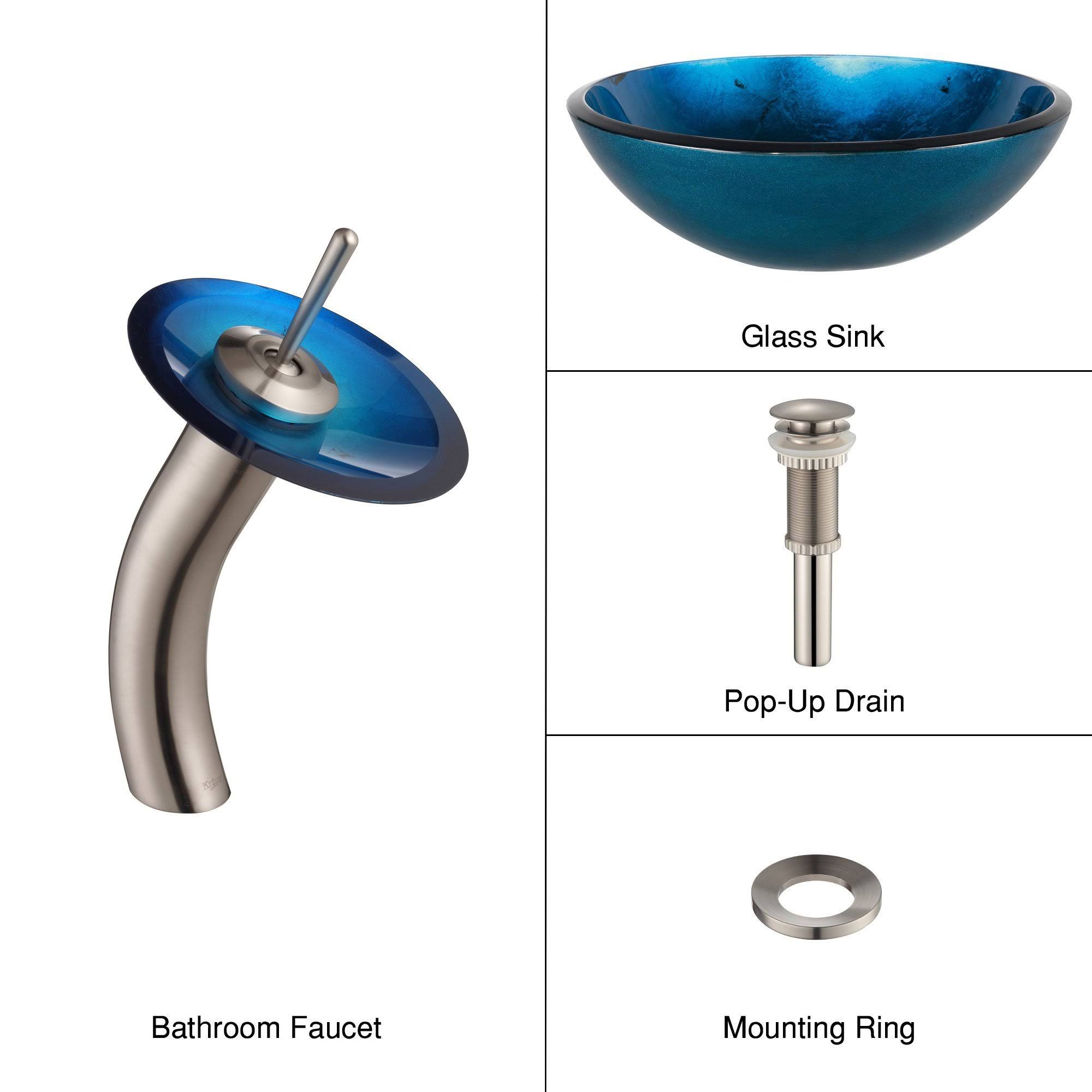 Kraus C-GV-204-12mm-10SN Irruption Blue Glass Vessel Sink and Waterfall Faucet Satin Nickel