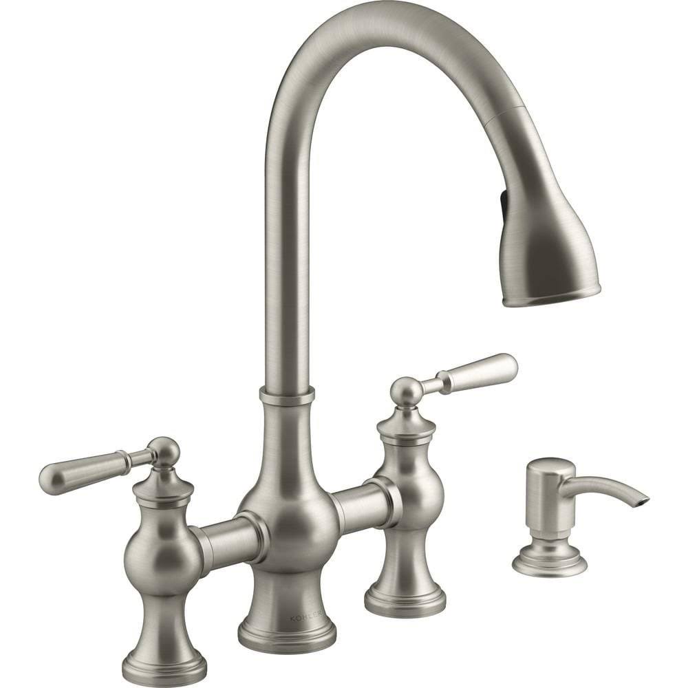 Kohler Capilano 2-Handle Bridge Farmhouse Pull-Down Kitchen Faucet with Soap Dispenser