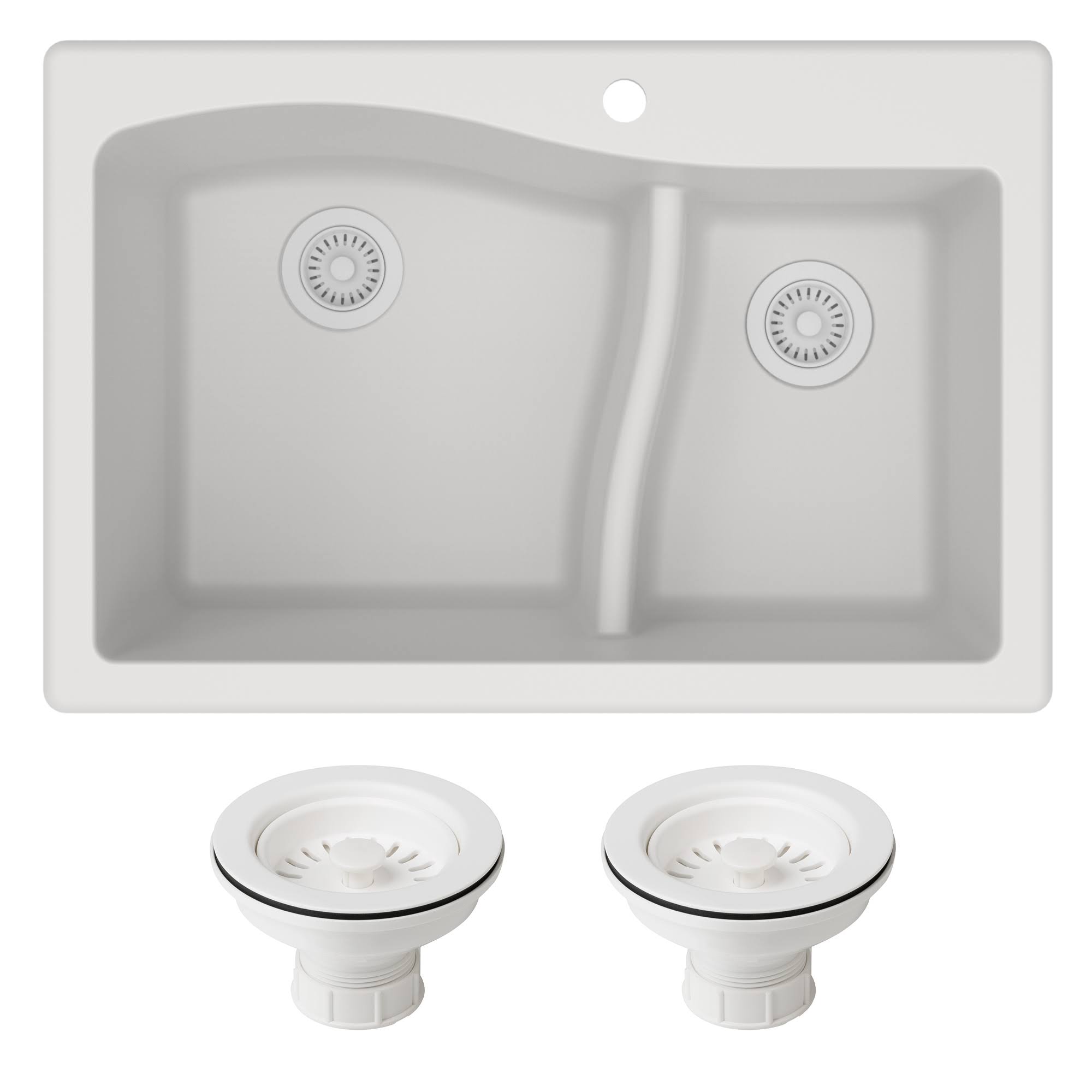 Kraus KGD-442WHITE-PST1-WH Quarza 33 inch Dual Mount 60/40 Double Bowl Granite Kitchen Sink and Strainers in White