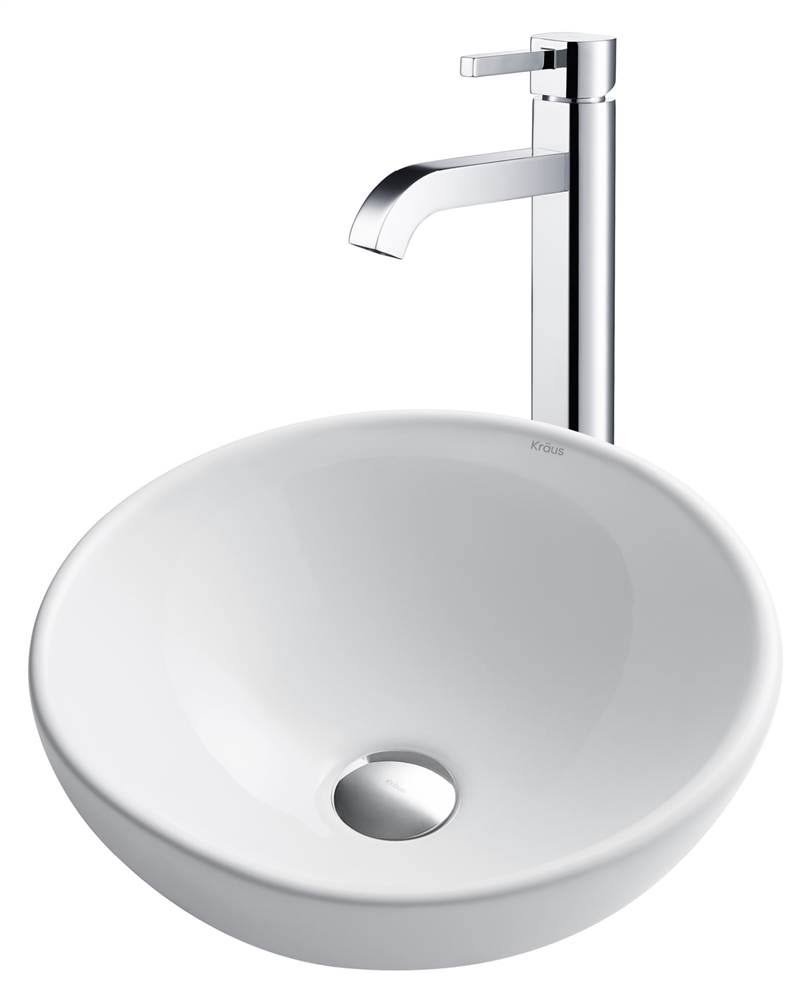 Kraus White Round Ceramic Sink and Ramus Faucet - Satin Nickel