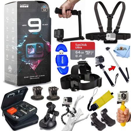 GoPro HERO9 Black Waterproof 4K Camcorder All in 1 Pro Accessory Kit with SanDisk 64GB, 3-Way Tripod, Medium Case, Head and Ches