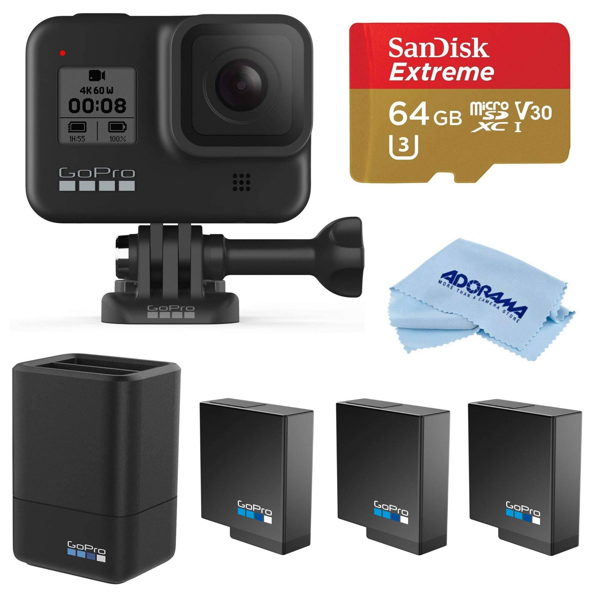 GoPro HERO8 Black Essentialt Kit with 3 GoPro Batteries, Dual Charger CHDHX-801 F