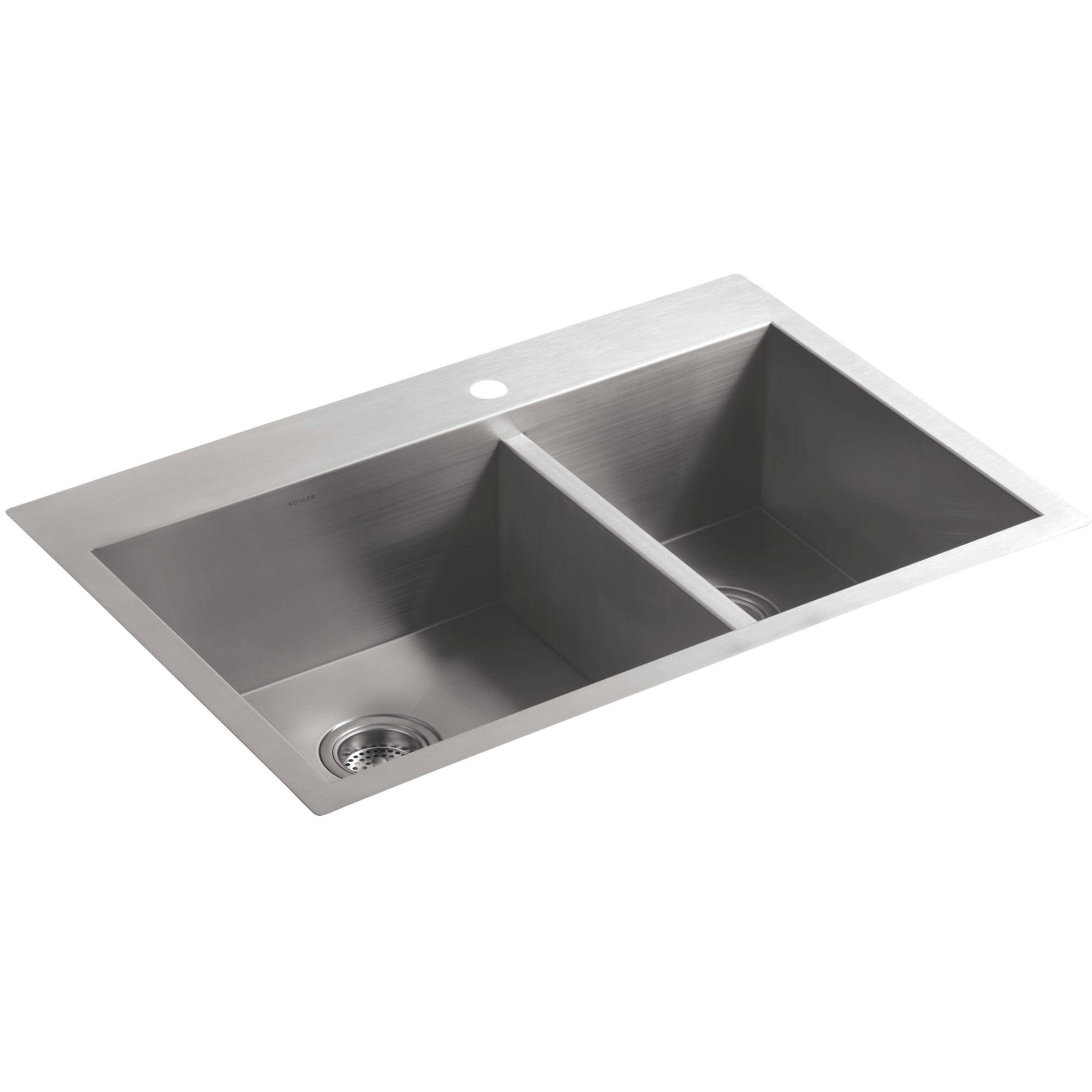 Kohler K-3823-1-NA Stainless Steel Vault 33x22 Double Basin Top-Mount / Undermount Kitchen Sink with Single Faucet Hole