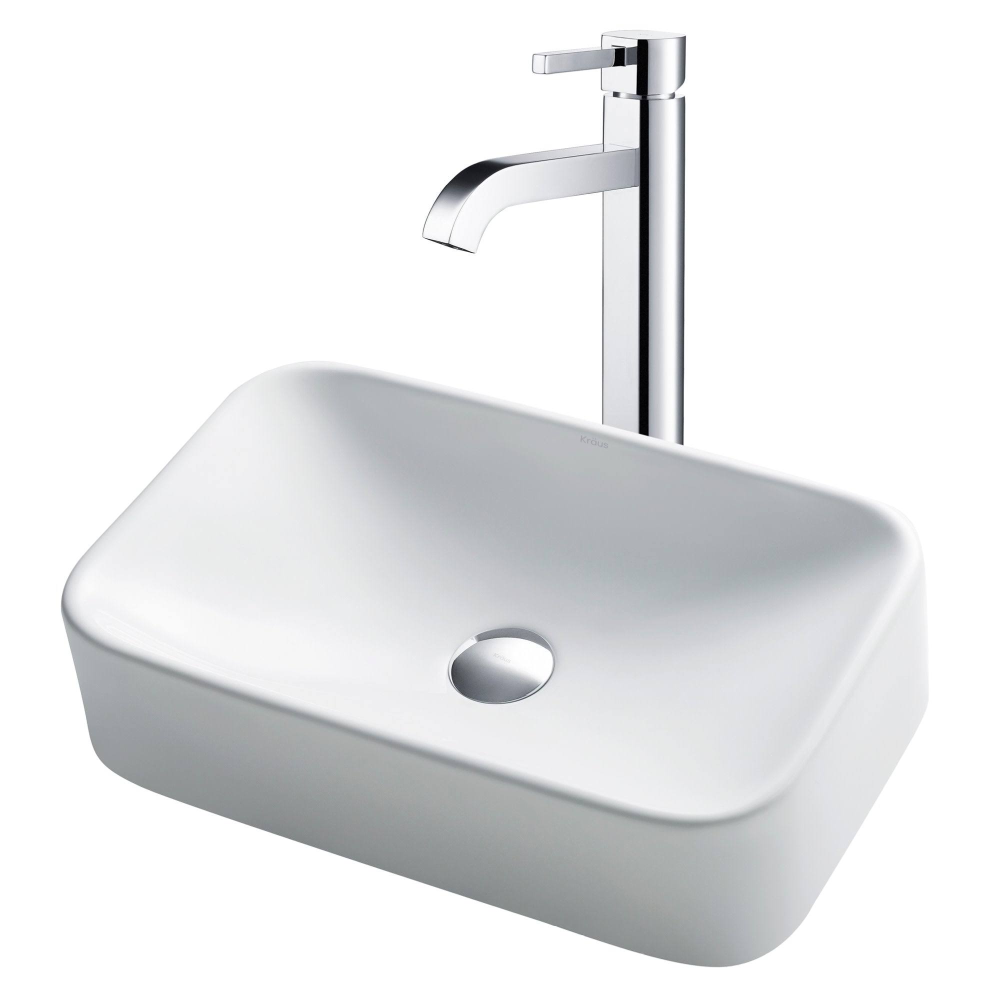 Kraus C-KCV-122-1007CH Chrome White Rectangular Ceramic Sink u0026 Faucet