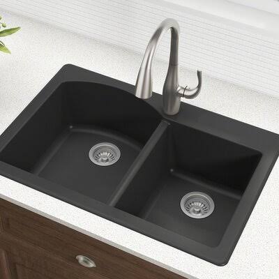 Kraus Forteza 33” Dual Mount 60/40 Double Bowl Granite Kitchen Sink in Black