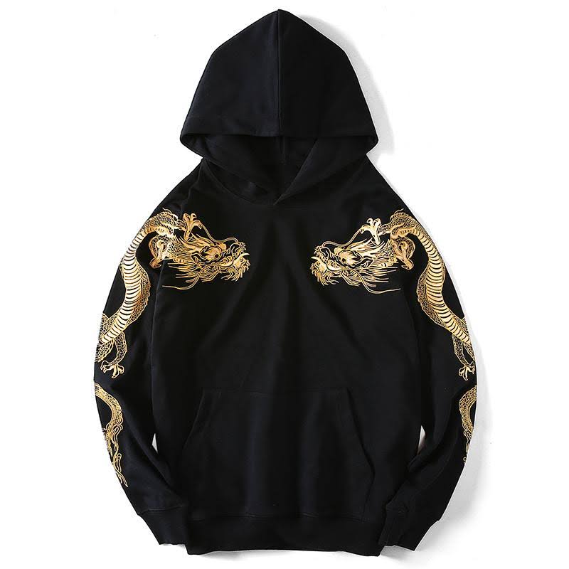 Double Flying Dragons Embroidery Hoodie XL / Black