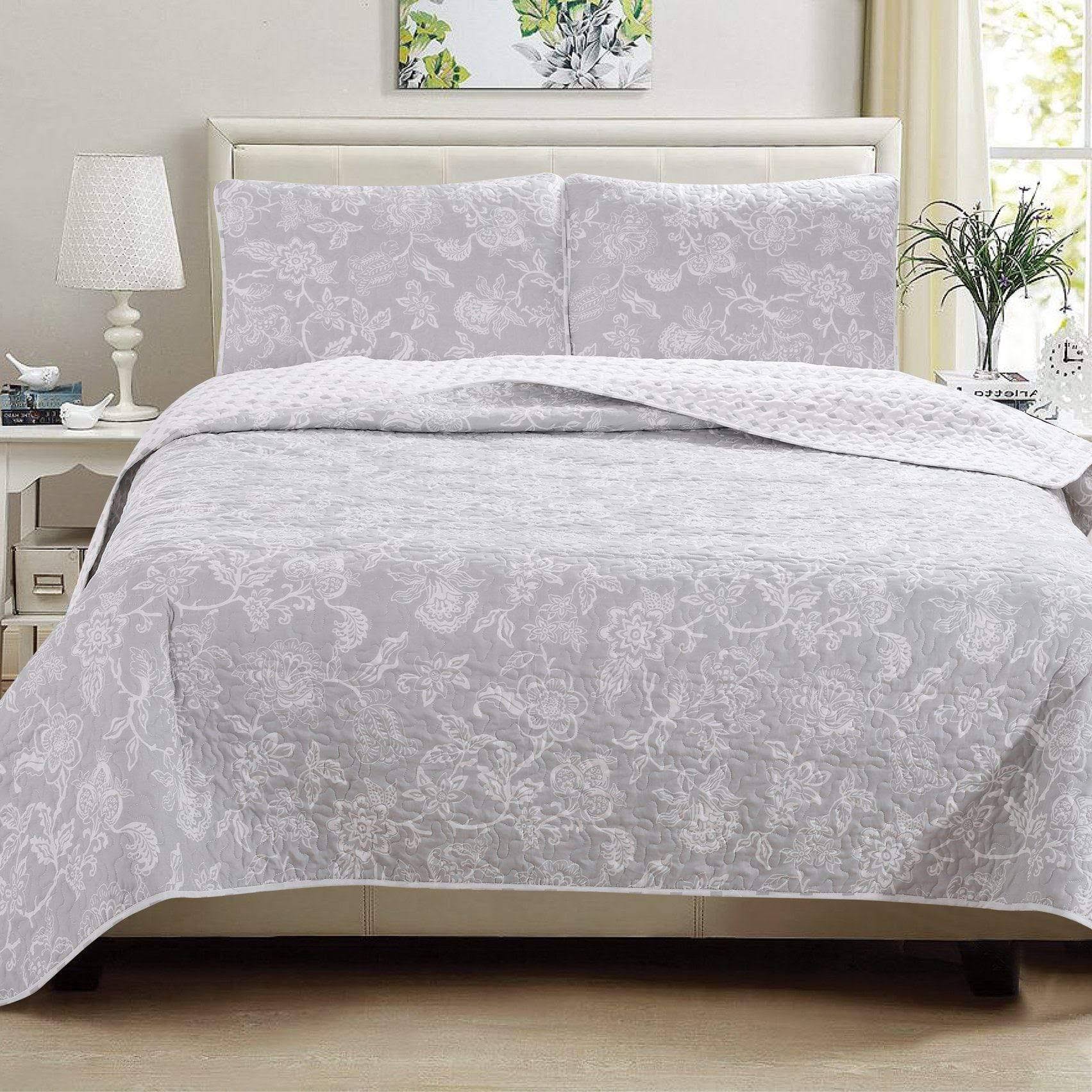 Great Bay Home Emma Collection 3-Piece Reversible Floral Printed Quilt Set with Shams King Grey Other