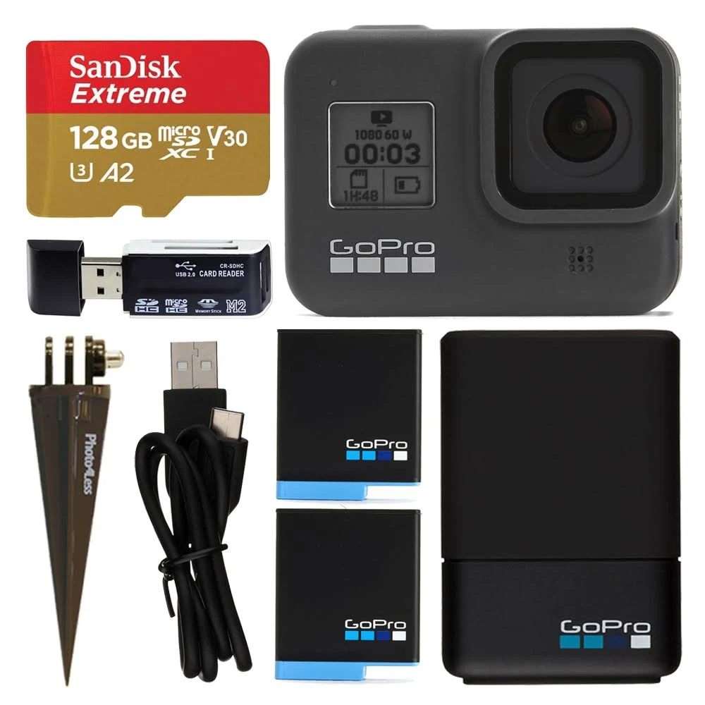 GoPro Hero8 Black Action Camera + Dual Charger u0026 Batteries + SanDisk 128GB u0026More