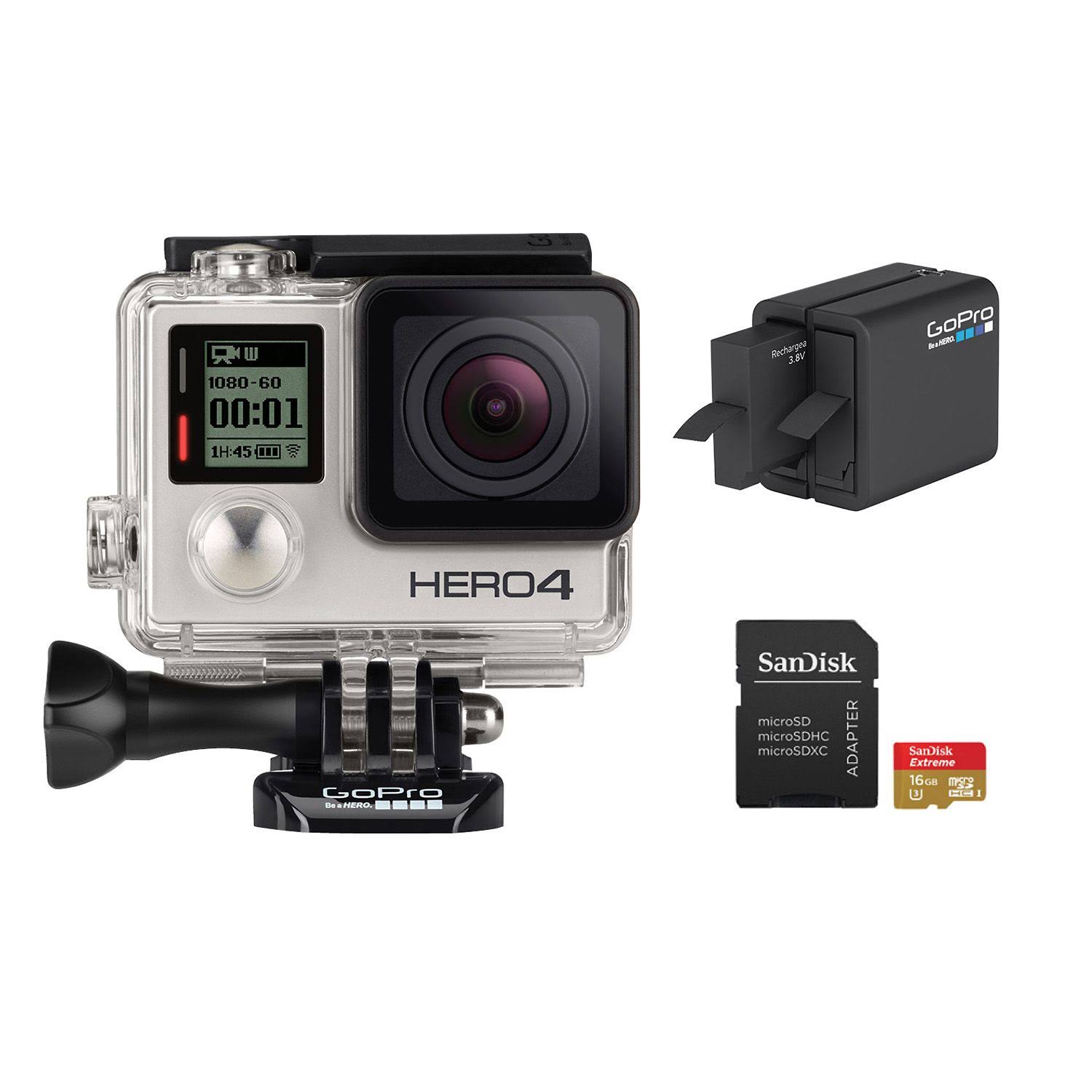 GoPro HD Hero4 Silver Action Camcorder with Dual Battery Charger u0026 16GB microSD