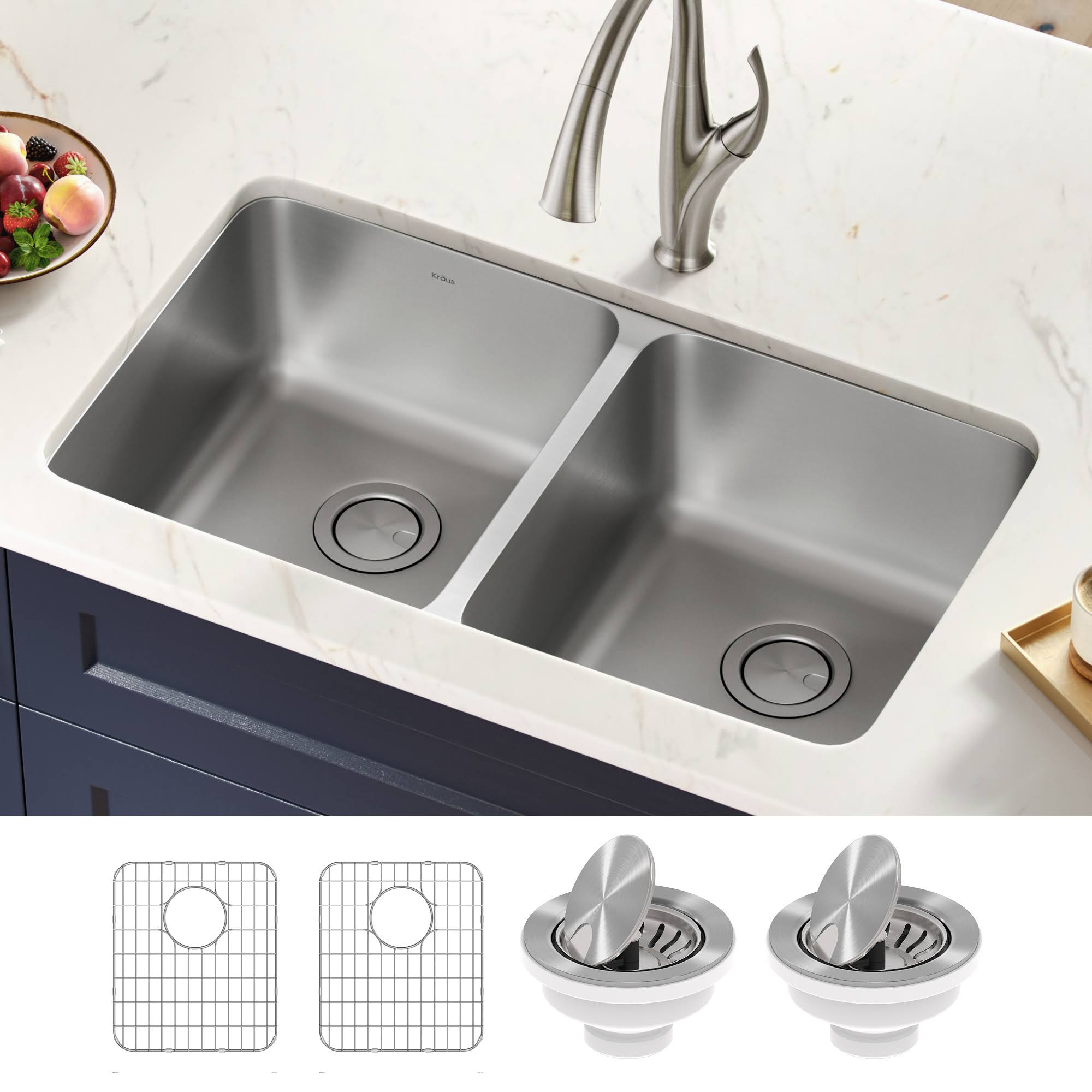 Kraus KA1UD33B 33 in. 16 Gauge Dex Undermount Antibacterial Stainless Steel Double Bowl Kitchen Sink