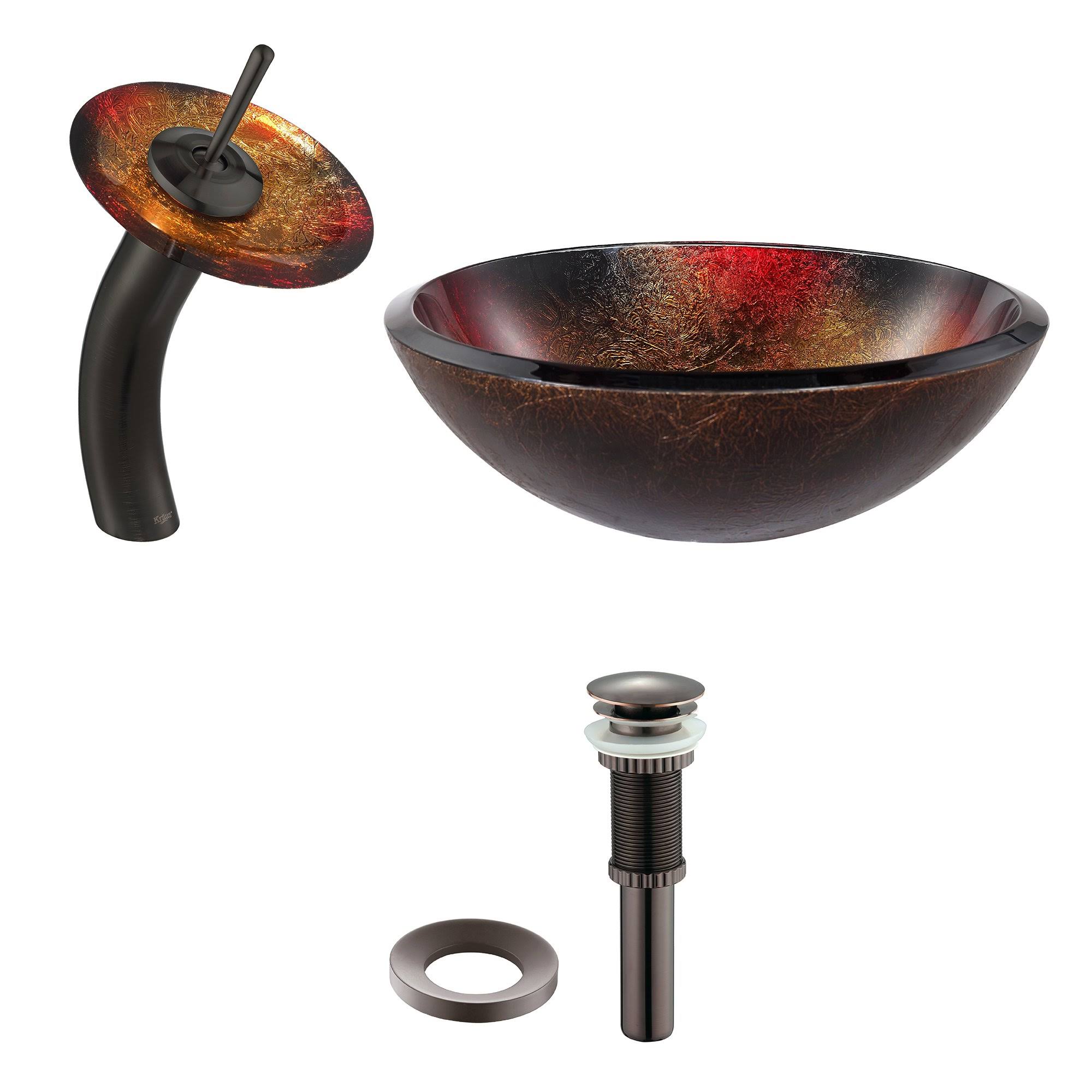 Kraus C-GV-680-19mm-10ORB Mercury Glass Vessel Sink and Waterfall Faucet Oil Rubbed Bronze