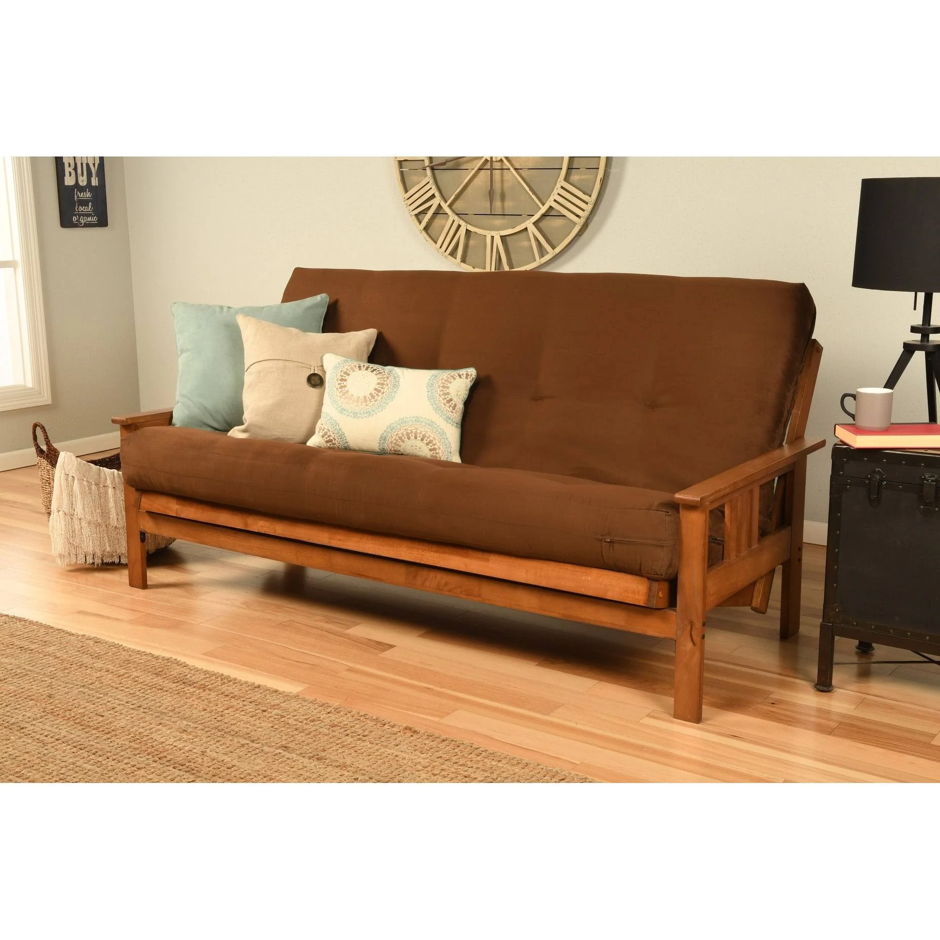 Porch u0026 Den Kern Full-Size Futon Frame and Mattress Set Suede Chocolate Wood, Fabric Solid