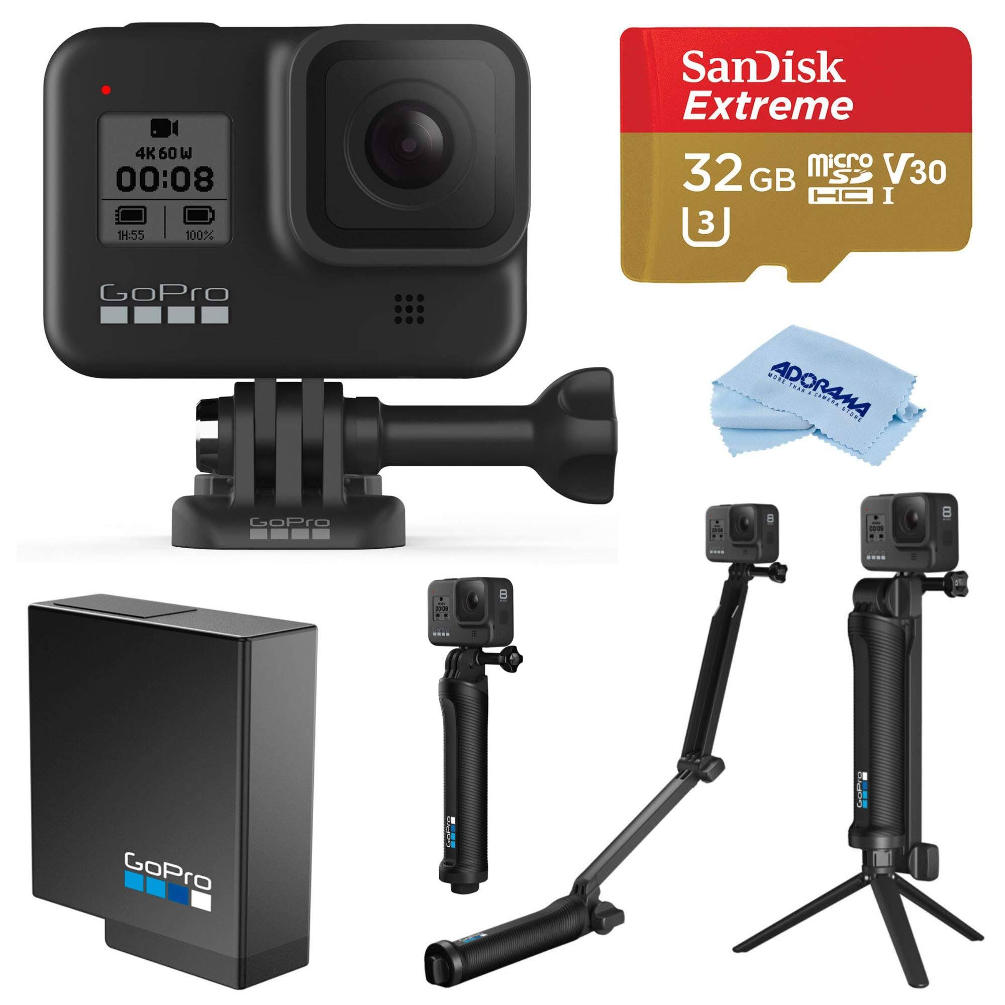 GoPro HERO8 Black, Waterproof Action Camera with Touch Screen 4K UHD Video 12MP Photos, Selfie Stick Bundle with GoPro 3-Way 3-i