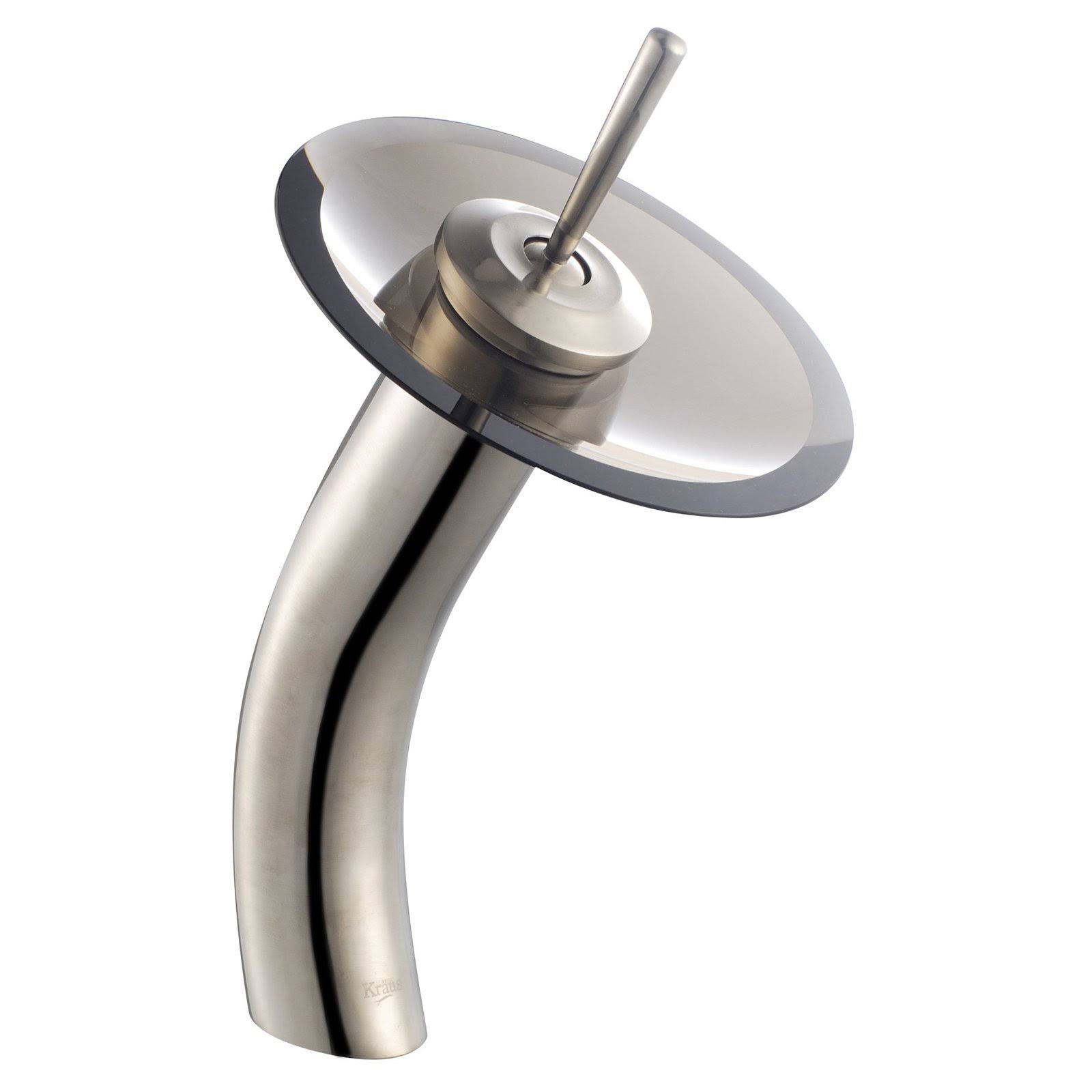 Kraus C-GV-103-12mm-10SN Clear Brown Glass Vessel Sink and Waterfall Faucet Satin Nickel