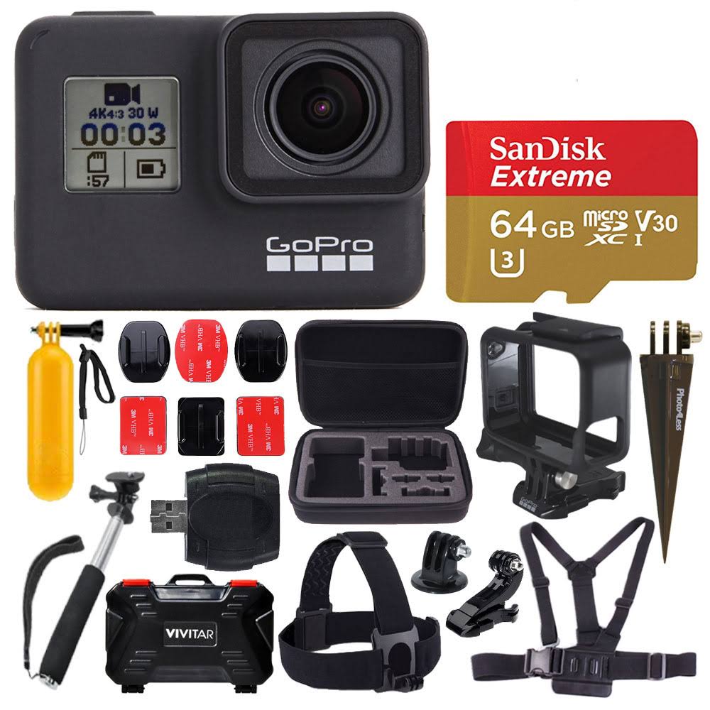 GoPro Hero7 Black + 64GB Card + Head & Chest Strap + Case + Spike Mou