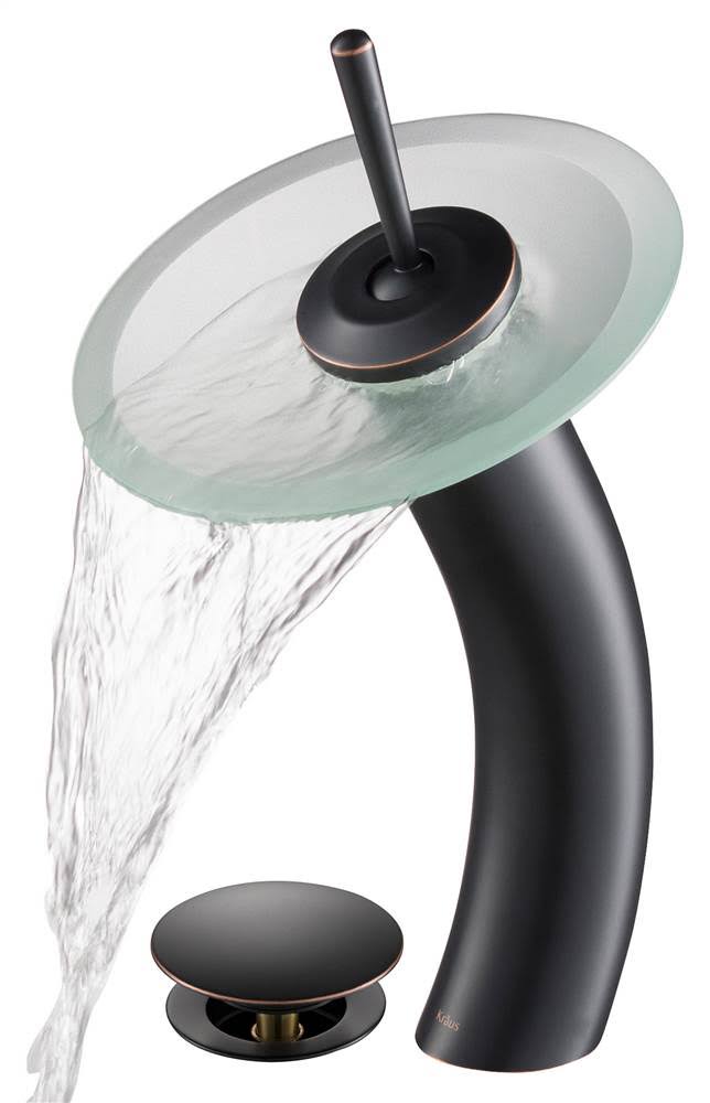 Kraus Waterfall Vessel Bathroom Faucet Oil Rubbed Bronze Pop Up Drain (Frosted Small Glass), Brown