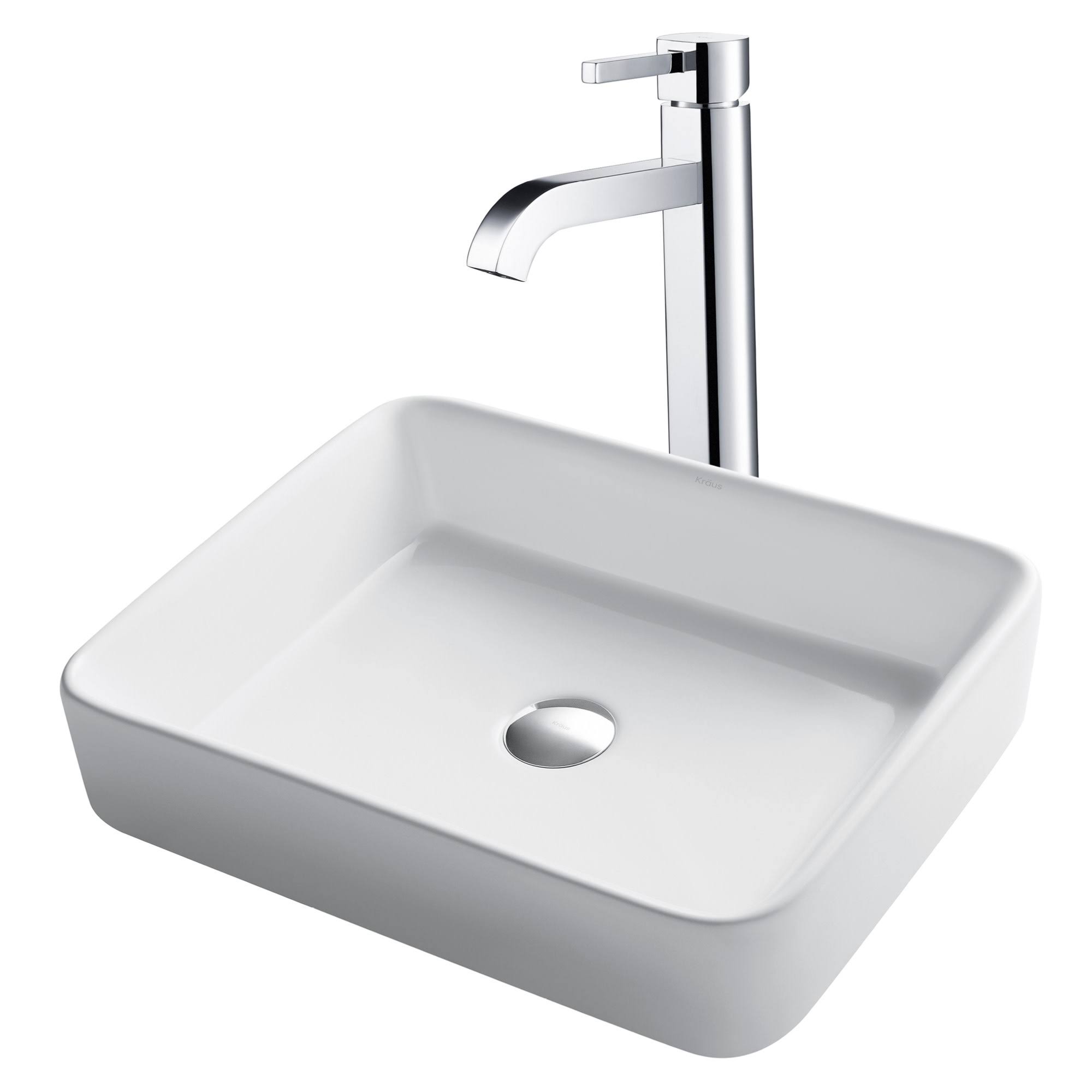 Kraus C-KCV-121-1007CH Rectangular Ceramic Vessel Sink with Ramus Faucet White - Chrome