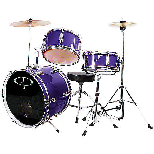 GP Percussion New Childrens Metallic Purple Drum Set Kids Kit w/ Sticks, Throne u0026 Cymbals