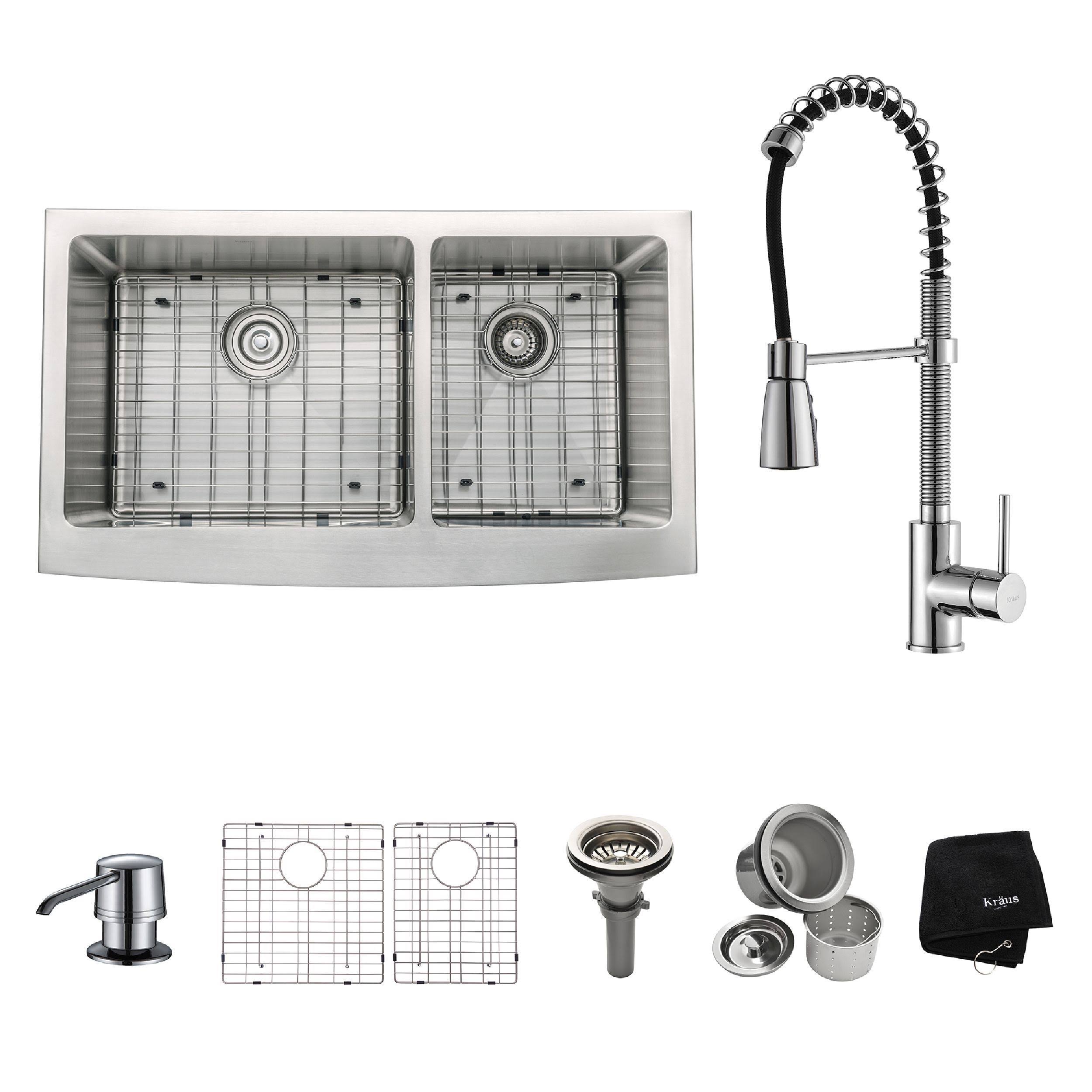 Kraus KHF203-36-KPF1612-KSD30CH Double Basin Farmhouse Kitchen Sink with Faucet