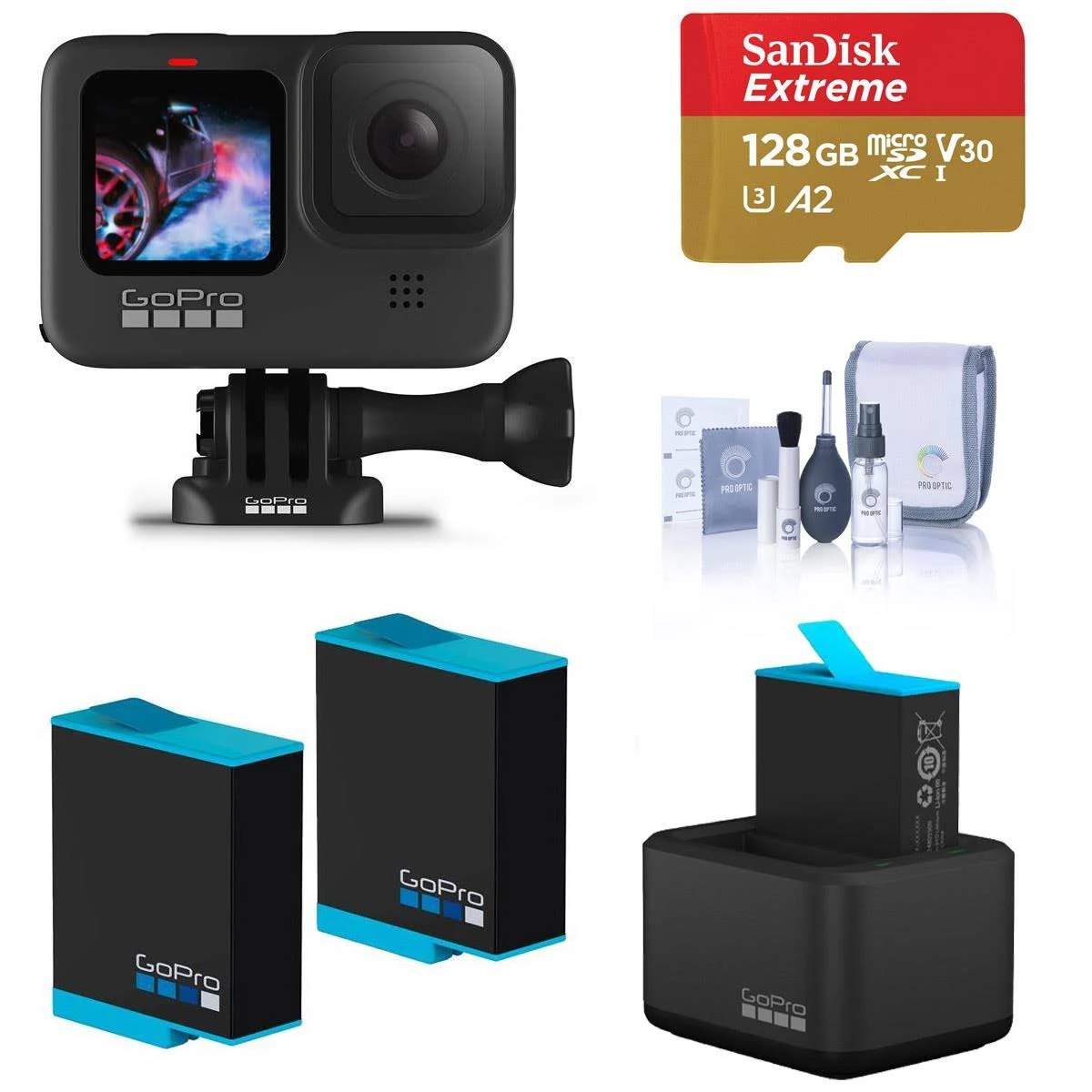 GoPro HERO9 Black, Waterproof Sport and Action Camera, 5K/4K Video, Power Bundle with Dual Charger, 3 Extra battery, 128GB micro