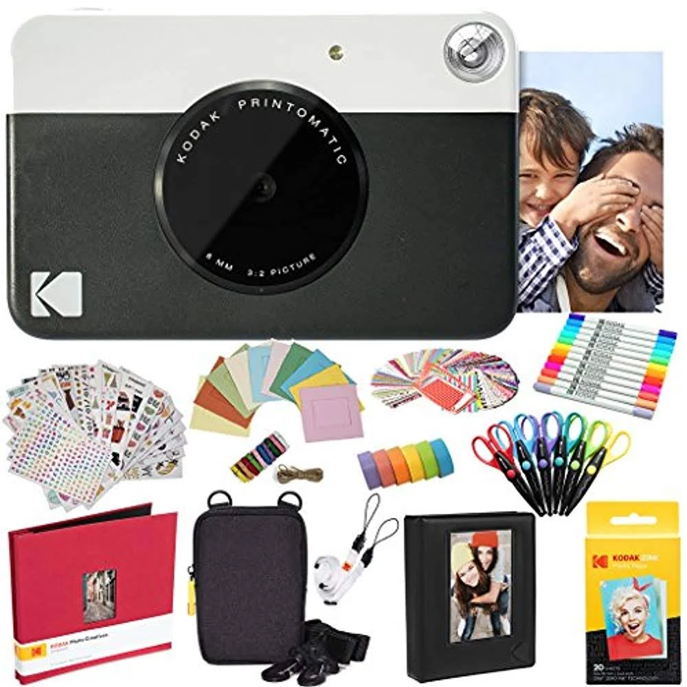 Kodak Printomatic Instant Camera (Black) All-In-Bundle + Zink Paper (20 Sheets) + Deluxe Case + Photo Album + 7 Unique Sticker S
