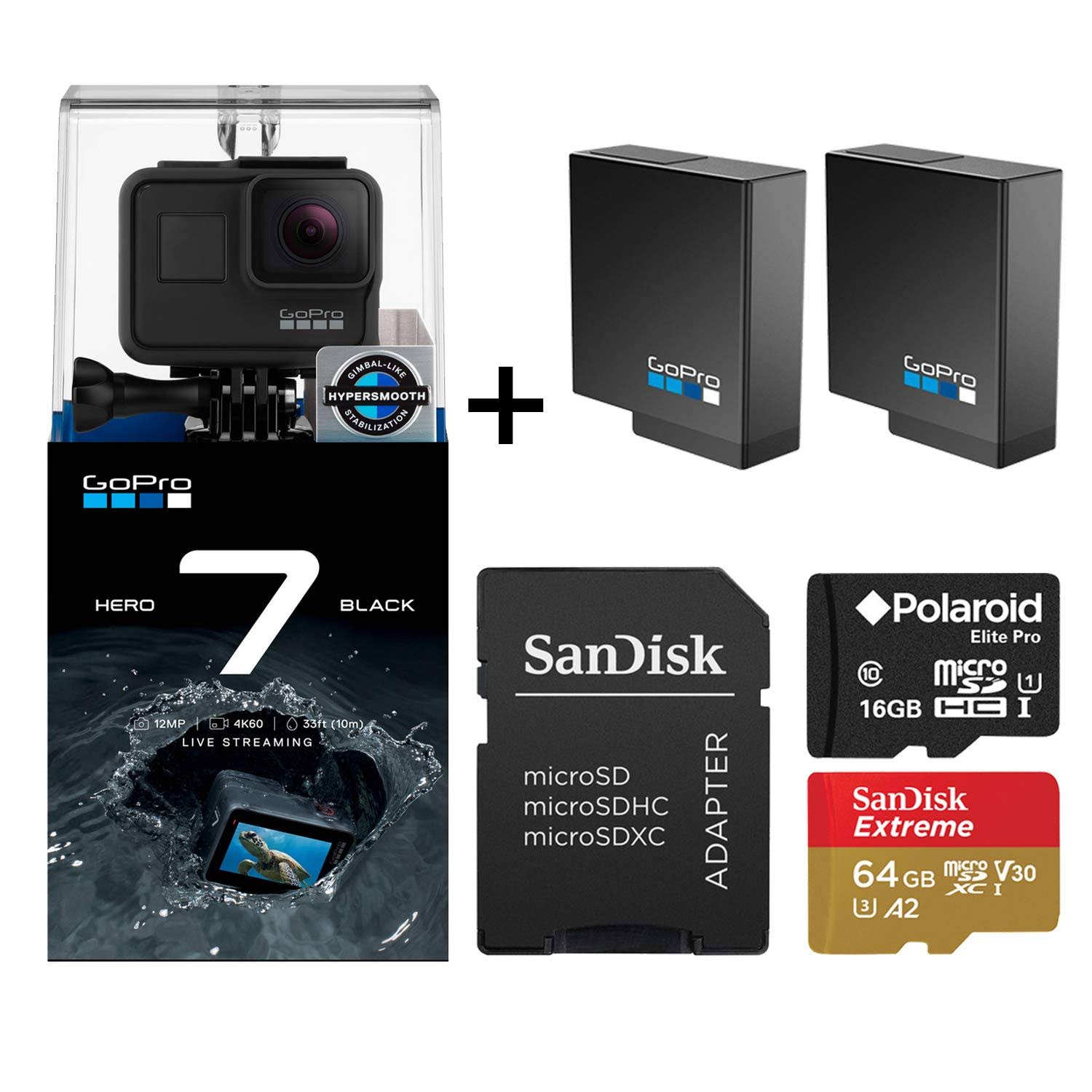 GoPro Hero 7 Black Edition with Two Extra GoPro USA Batteries + SanDisk Extreme 64GB microSD + Free Polaroid 16GB microSD (80GB