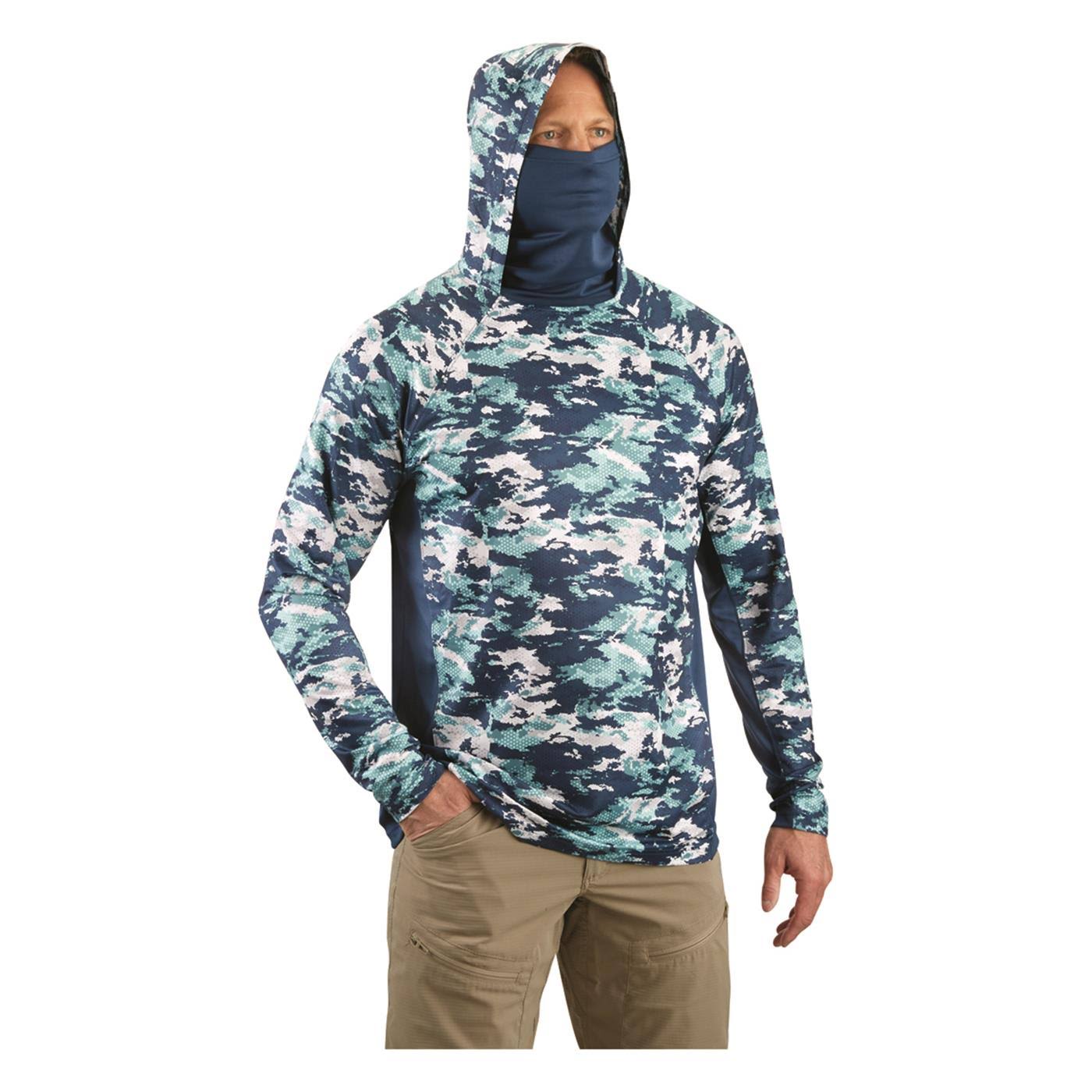 Plus Guide Gear Men&s Cooling Hoodie with Gaiter, Size: 3XL, Wave Camo Mandarin Red