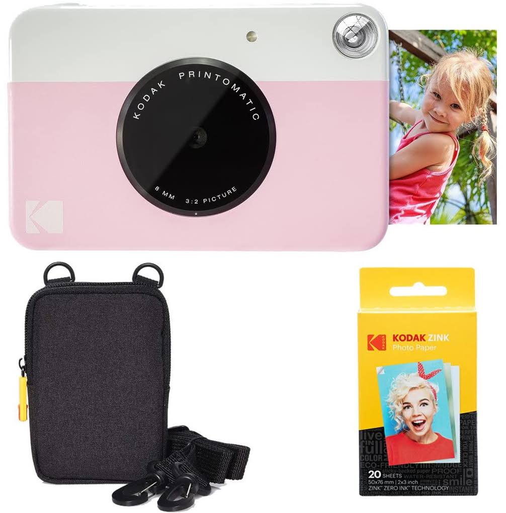 Kodak Printomatic Instant Camera Pink Basic Bundle + Zink Paper 20 Sheets + Deluxe Case + Comfortable Neck Strap