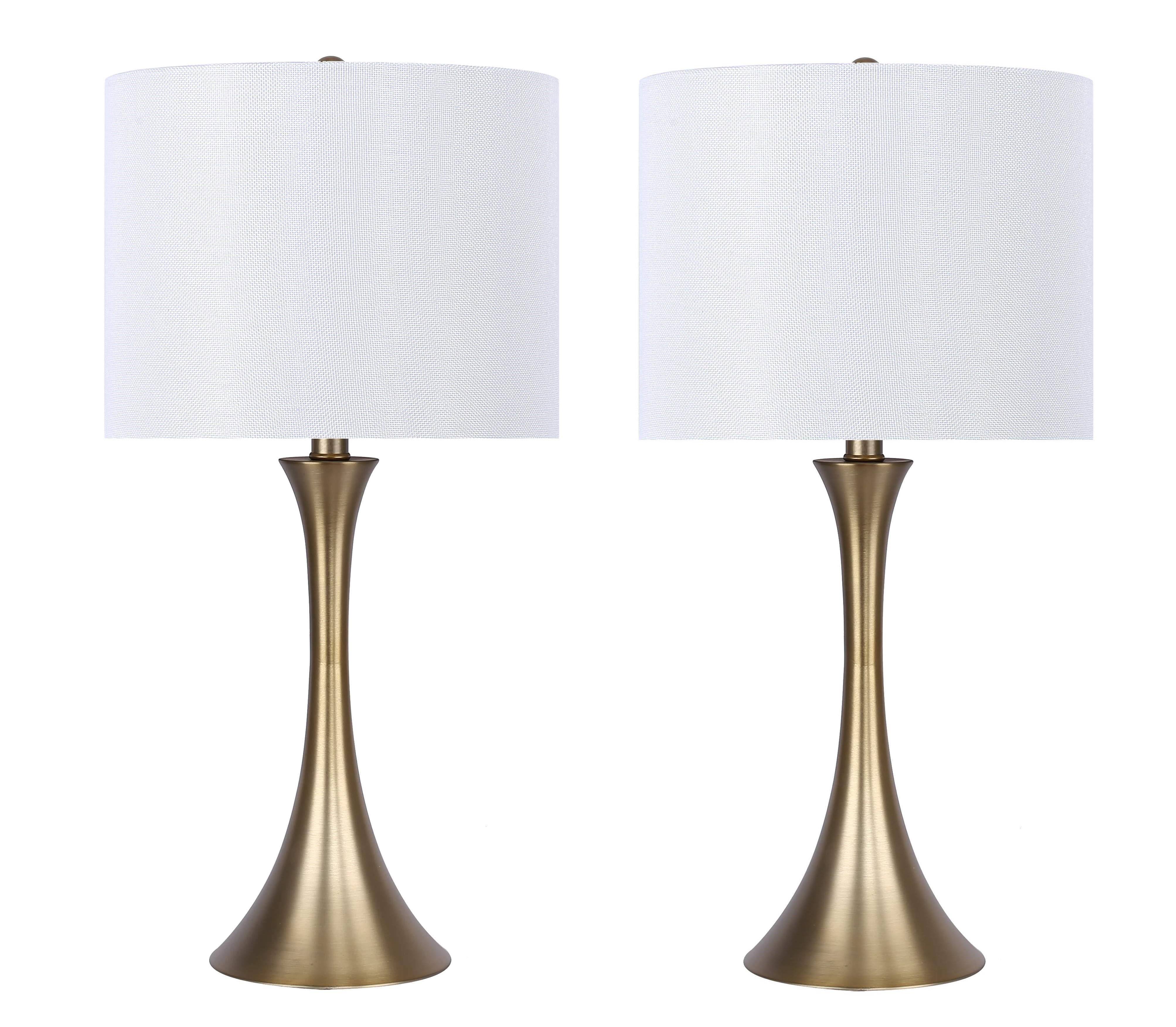24.25 inch Plated Gold Table Lamp Set w/ White Textured Drum Shades