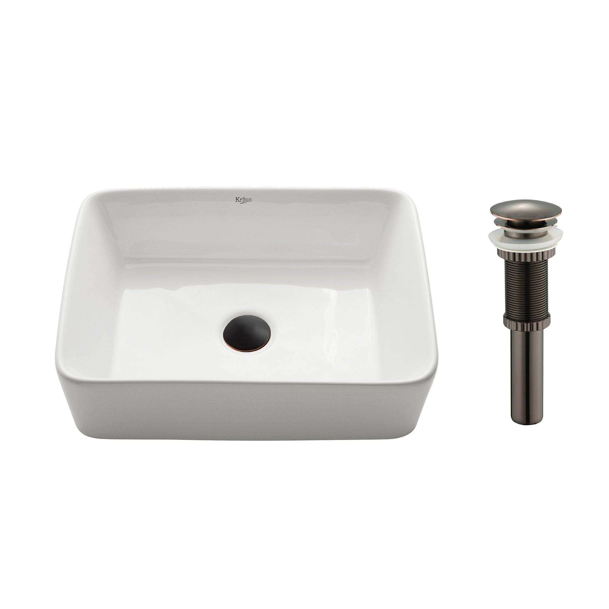 Kraus KCV-121-ORB Rectangular Ceramic Vessel Bathroom Sink with Pop-Up Drain White - Oil Rubbed Bronze