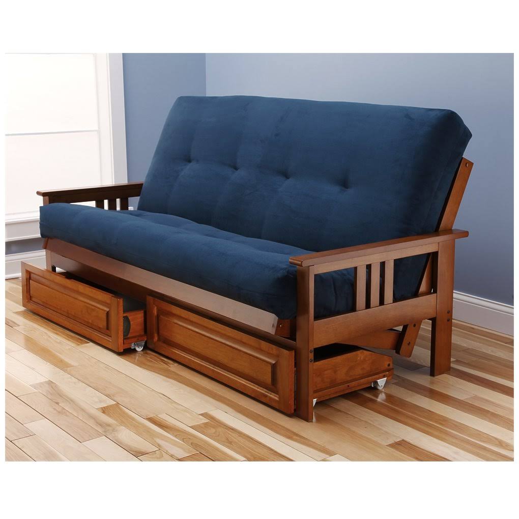 Kodiak Monterey Barbados Full Futon Frame with Suede Navy Mattress and Storage Drawers