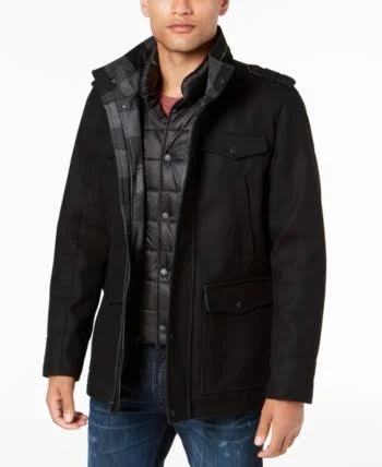 Guess Men&s Military-Inspired Coat with Plaid Detail - Black S