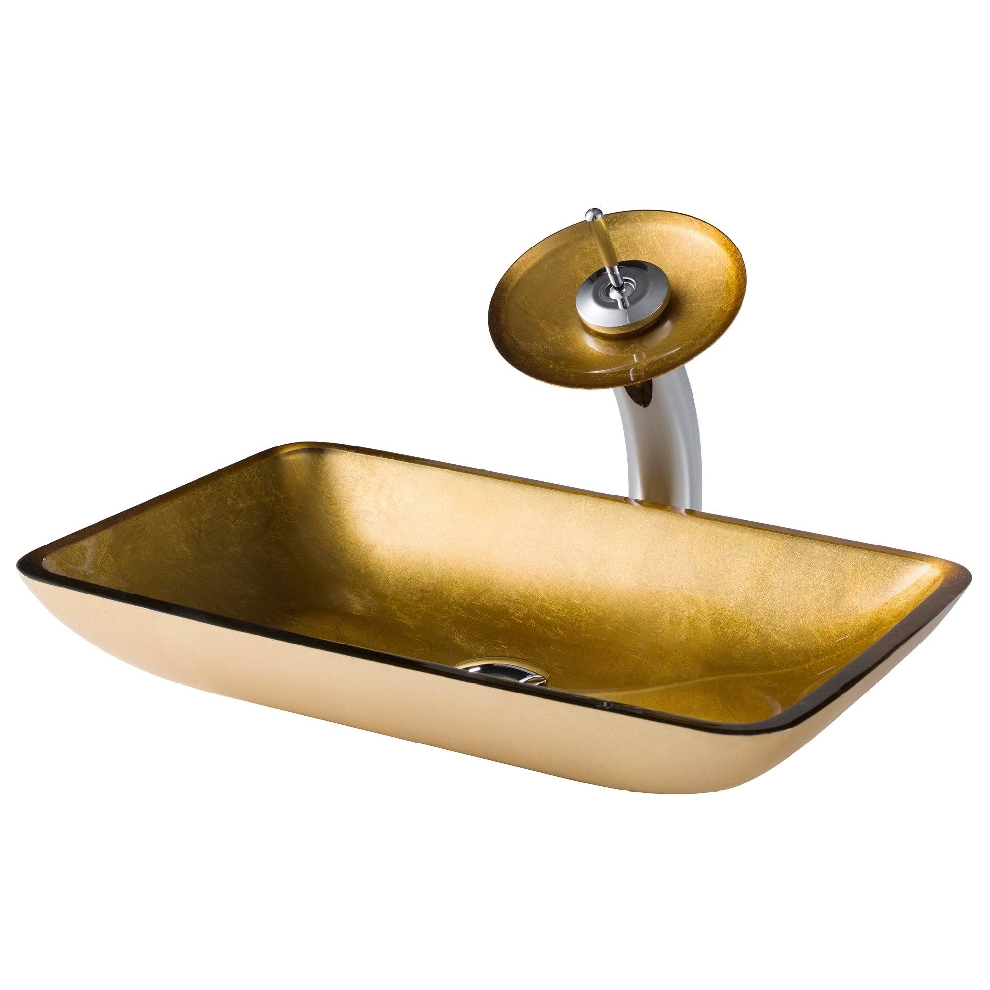 Kraus C-GVR-210-RE-10CH Golden Pearl Rectangular Glass Vessel Sink and Waterfall Faucet Chrome