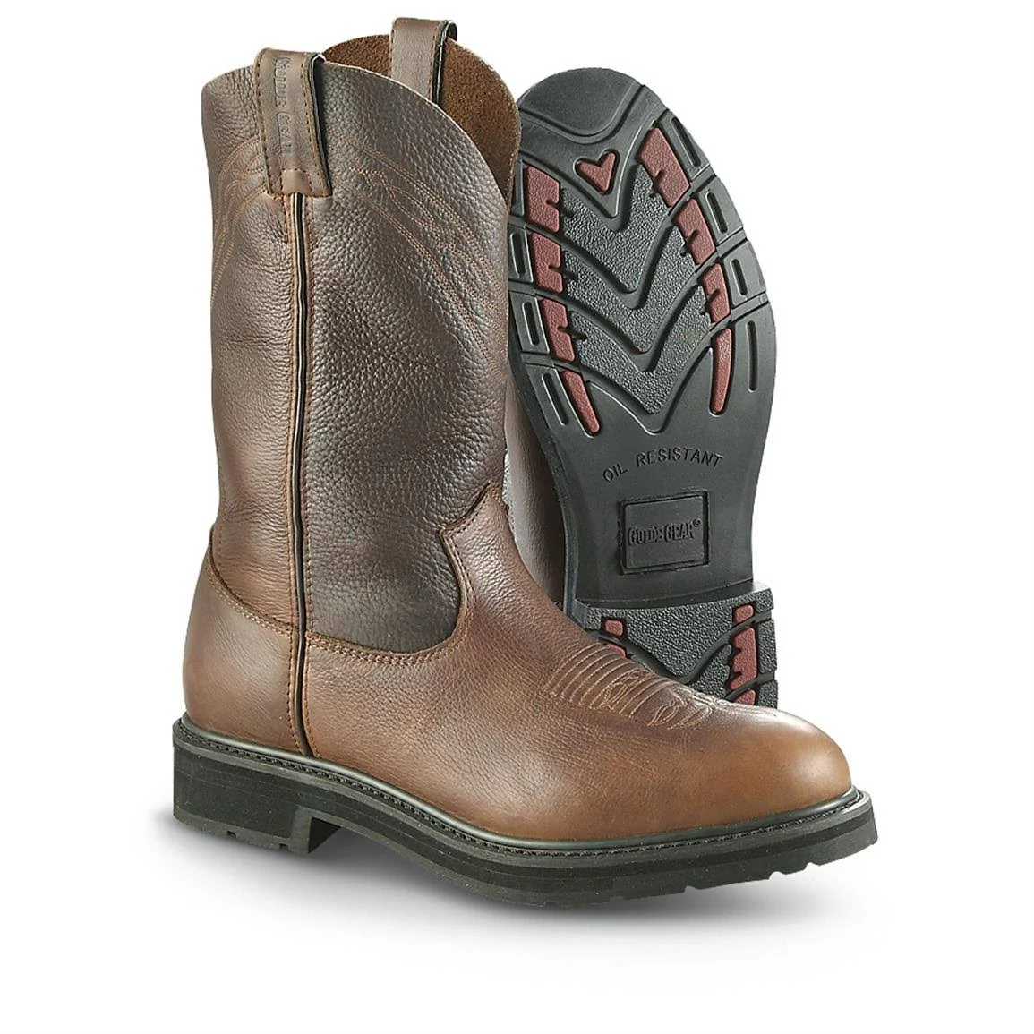 Guide Gear Men&s 12 inch Pull-On Leather Work Boots, 9.5 2E, Brown