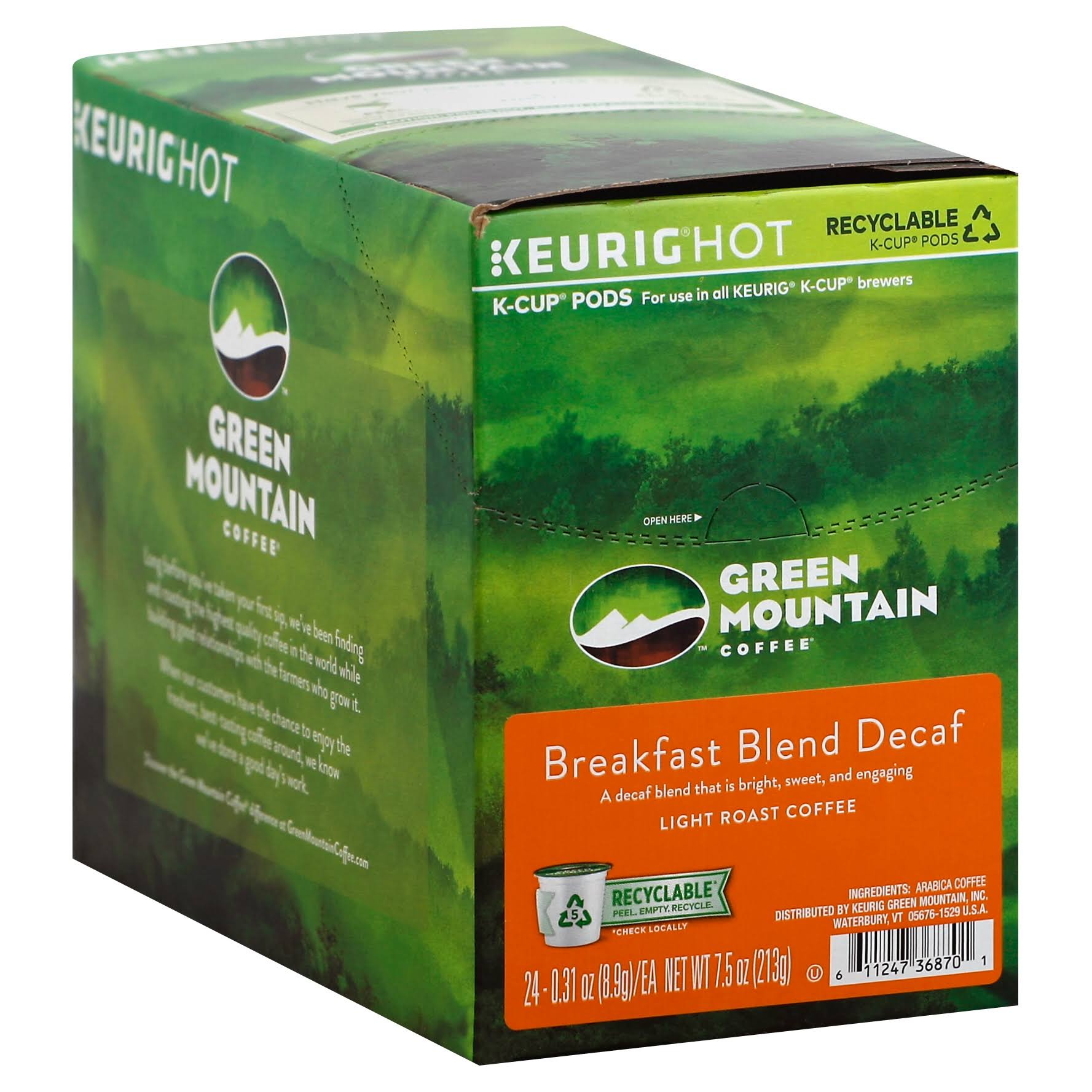 Green Mountain Keurig Hot Coffee, Light Roast, Breakfast Blend Decaf, K-Cup Pods - 24 pack, 0.31 oz pods
