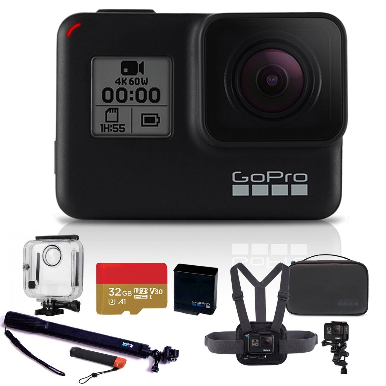 GoPro Hero7 Black with Selfie Stick, Chest Mount, Handlebar/Seatpost/Pole Mount + GoPro Fusion Battery + Floating Hand Grip