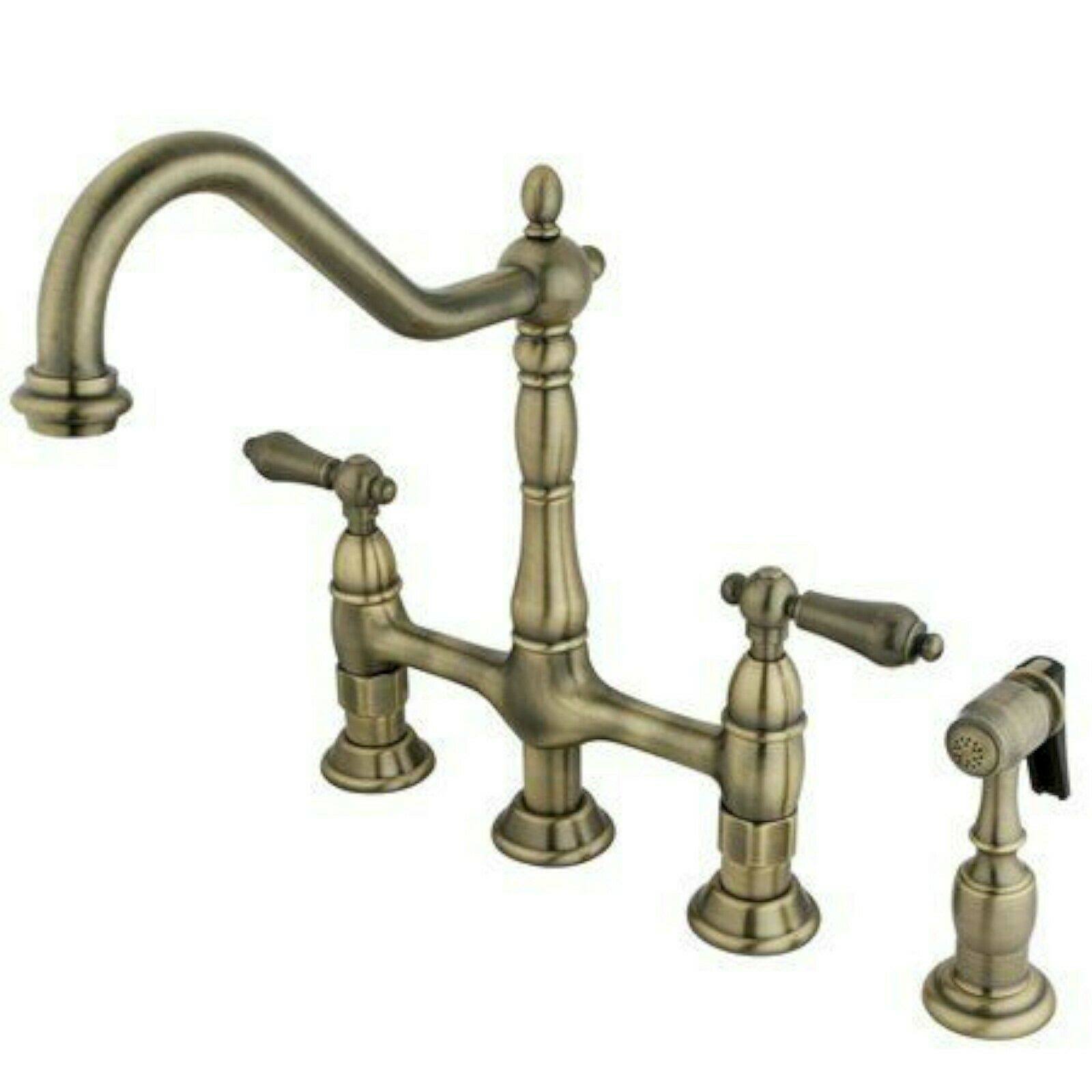 Kingston Brass KS1273ALBS Heritage Kitchen Bridge Faucet with Brass Sprayer, Vintage Brass