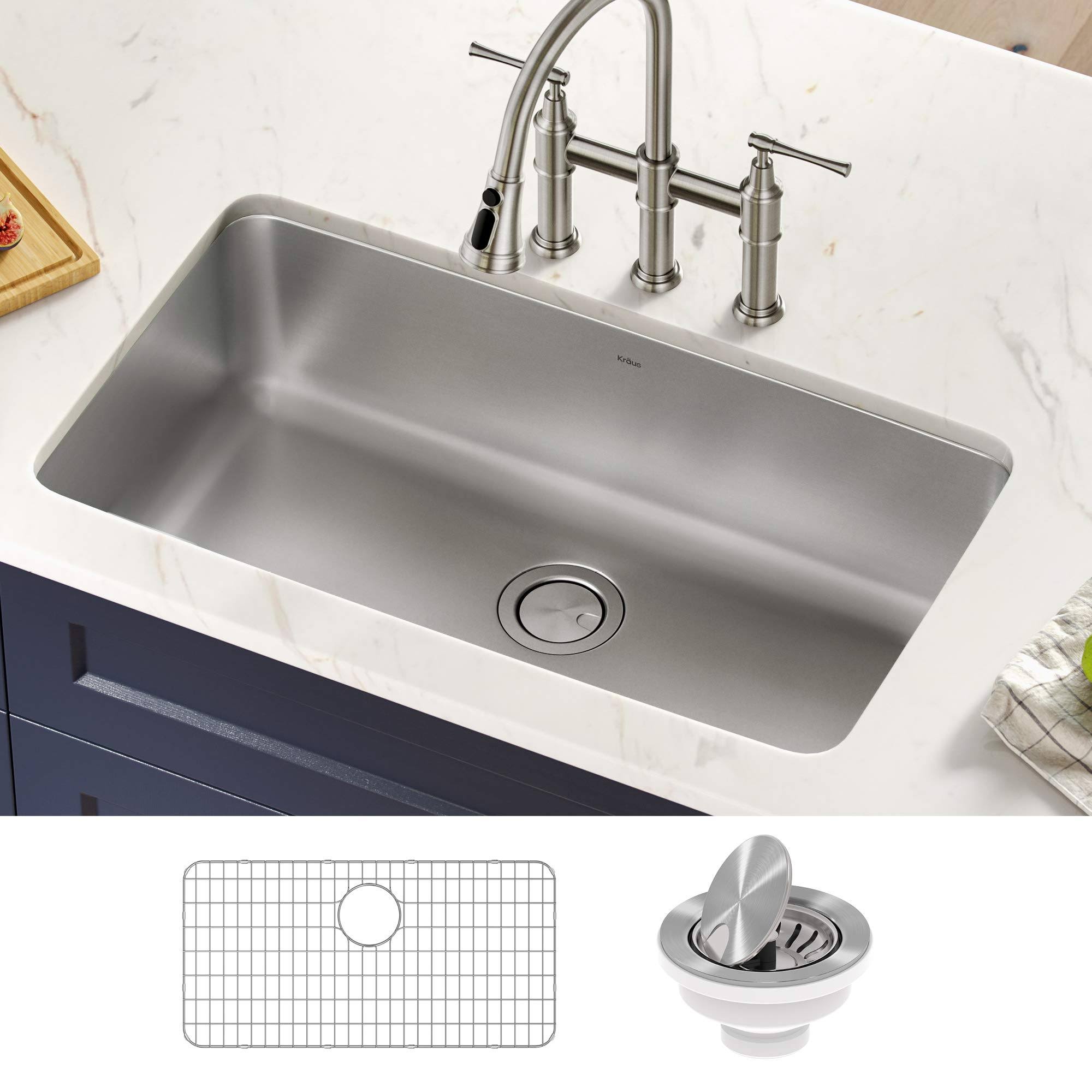 Kraus KA1US33B Dex 33-inch Undermount 16 Gauge Stainless Steel Single Bowl Kitchen Sink