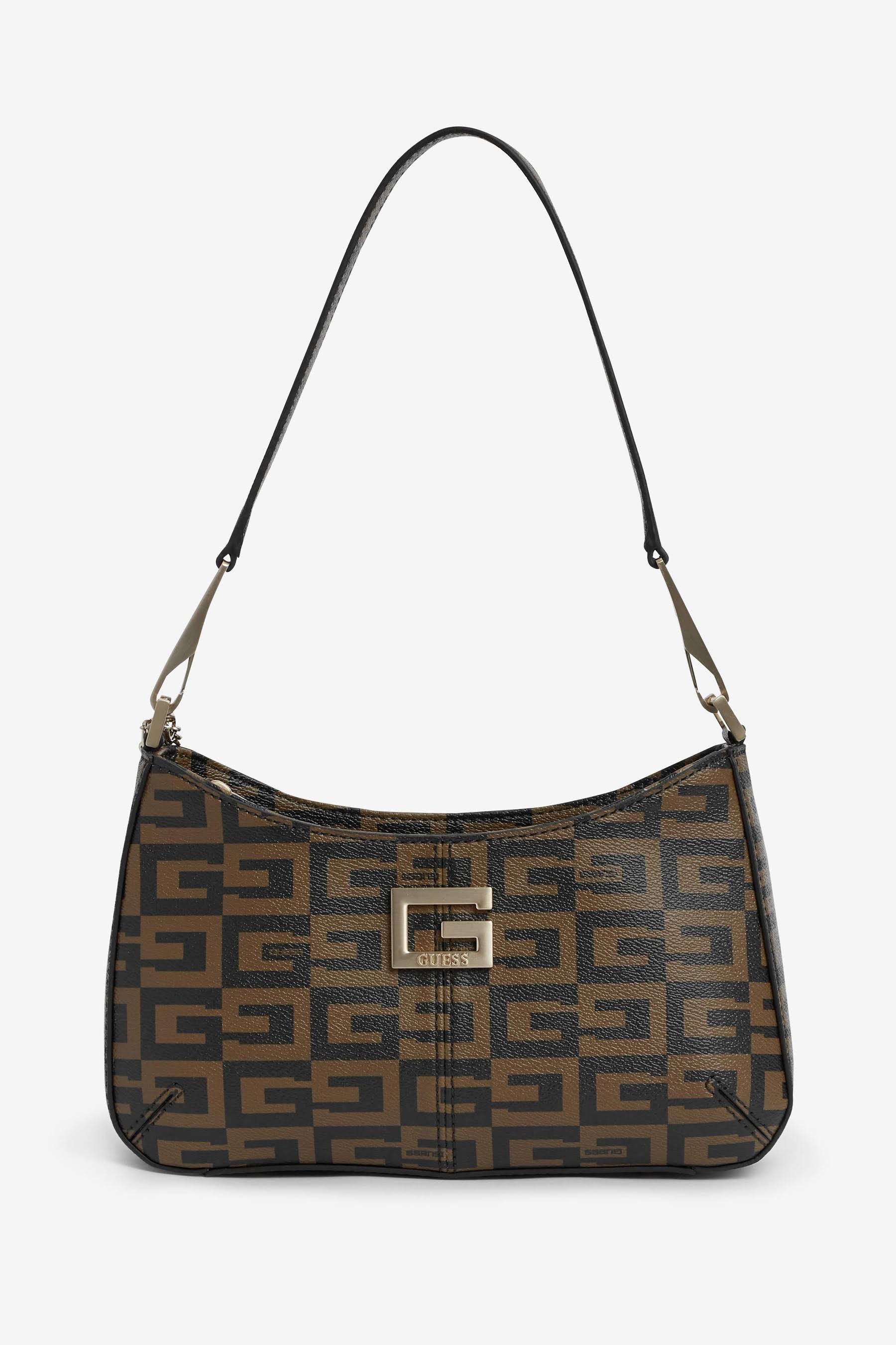 Guess Logo Monogram Shoulder Bag - Brown Multi