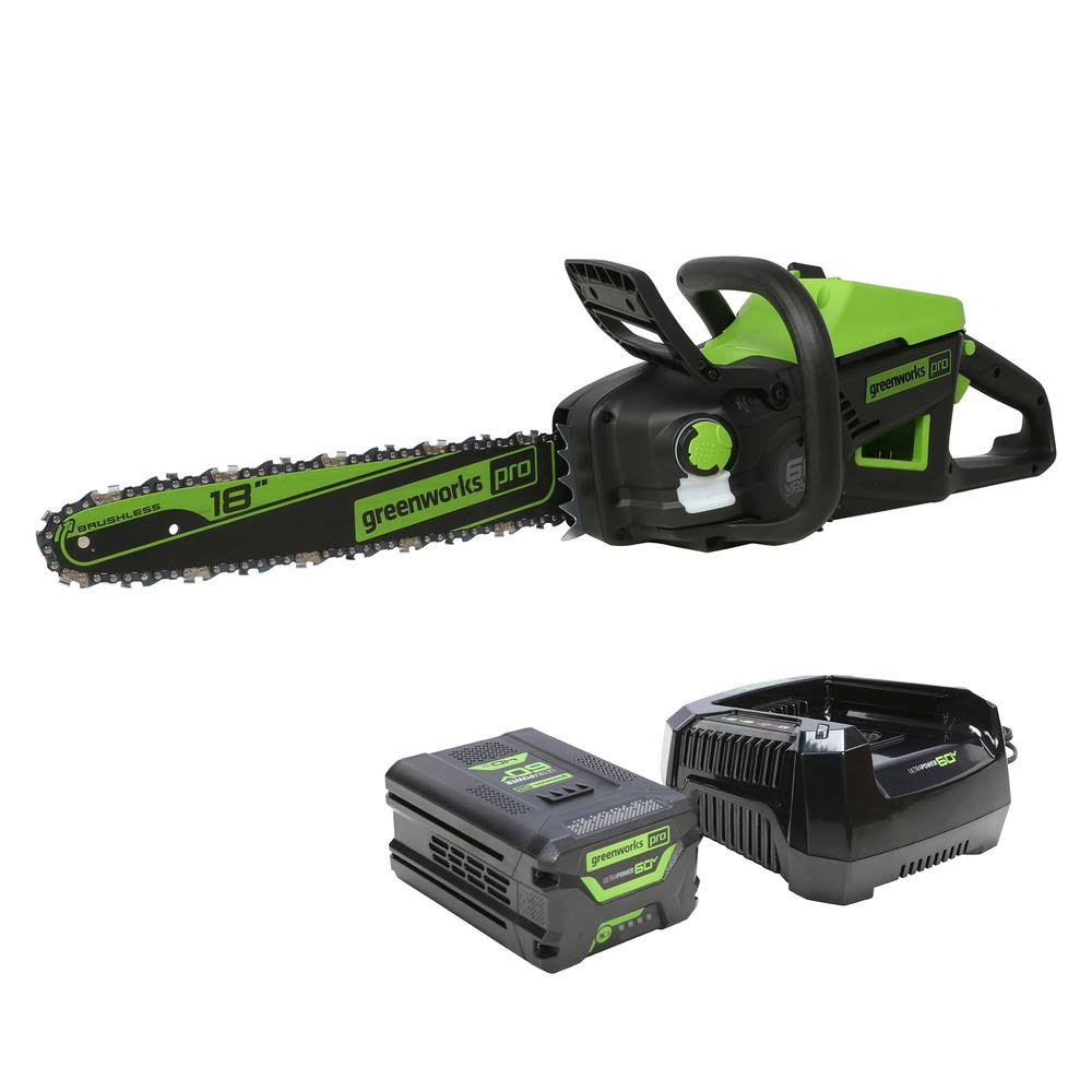 Greenworks Pro 18 in. 60-Volt Battery Cordless Chainsaw with 4.0 Ah Battery and 6.0 Amp Charger 2019302