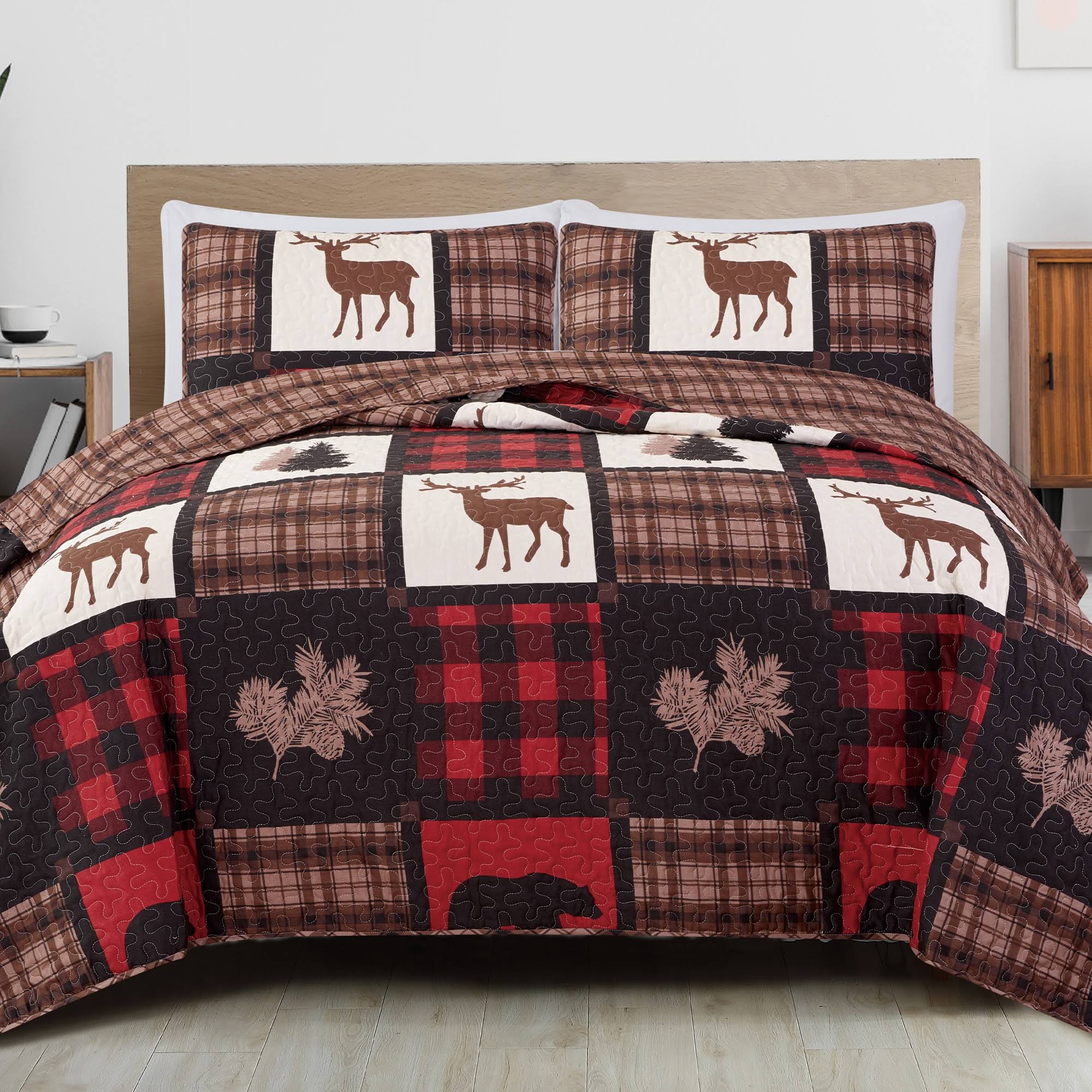 Great Bay Home Stonehurst Lodge Reversible Quilt Set King Red / Black