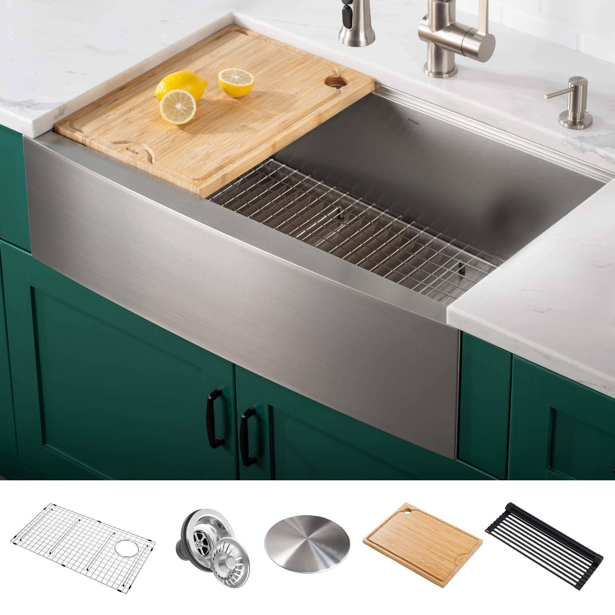 Kraus KWF210-30 Kore Workstation 30 inch 16 Gauge Stainless Steel Single Bowl Farmhouse Kitchen Sink with Accessories