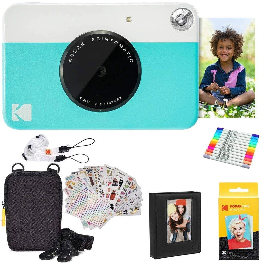 Kodak Printomatic Instant Camera (Blue) Gift Bundle + Zink Paper (20 Sheets) + Deluxe Case + 7 Fun Sticker Sets + Twin Tip Marke