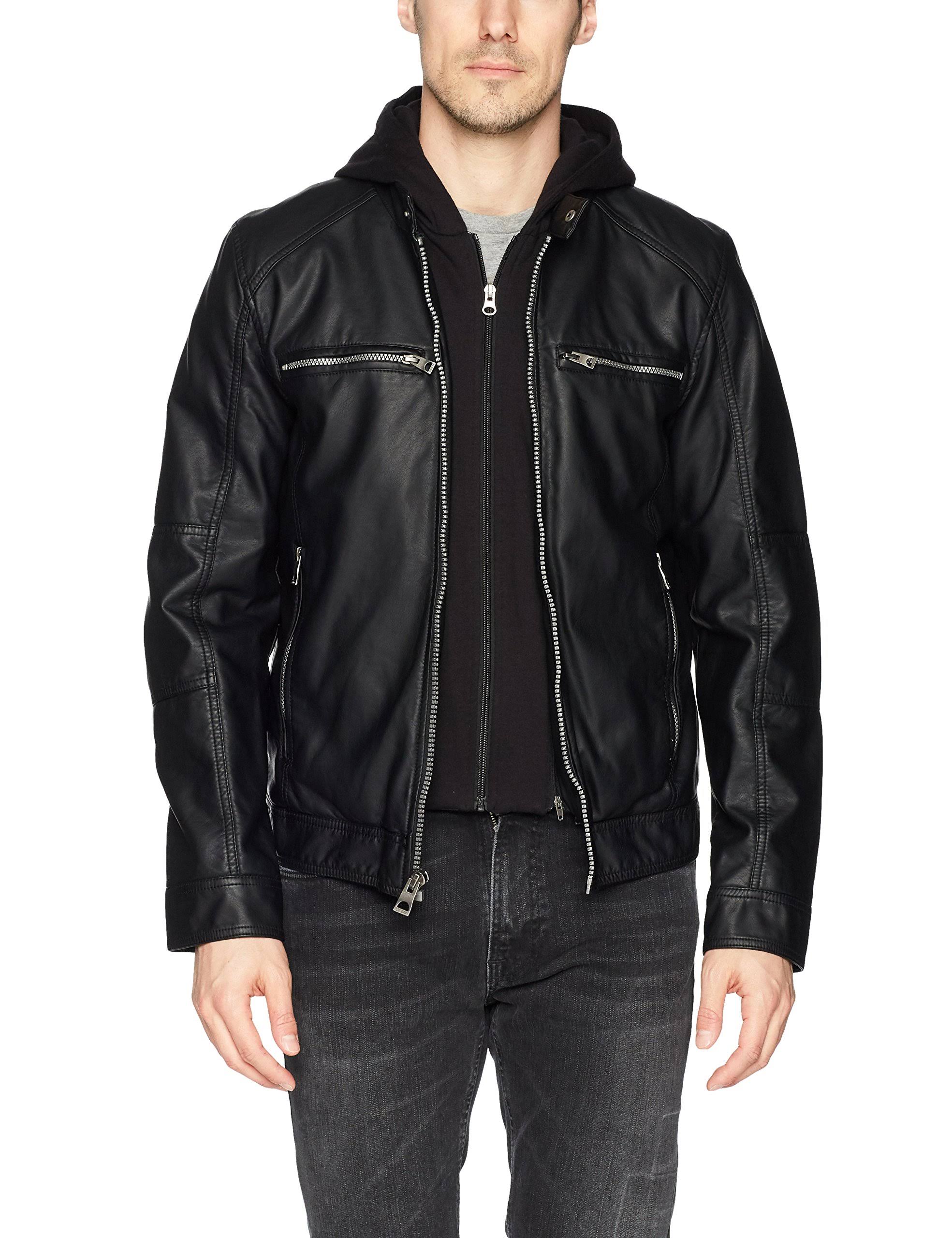Guess Men&s Faux-Leather Detachable-Hood Motorcycle Jacket - Black