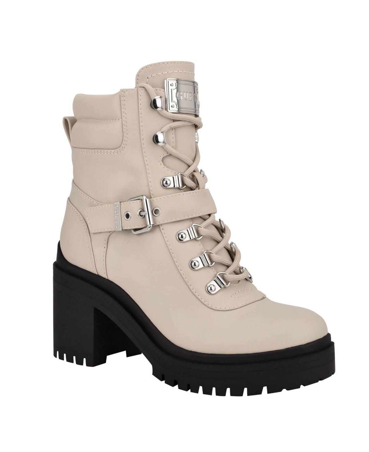 Guess Women&s Canaly Lug Sole Block Heel Combat Boots - Ivory
